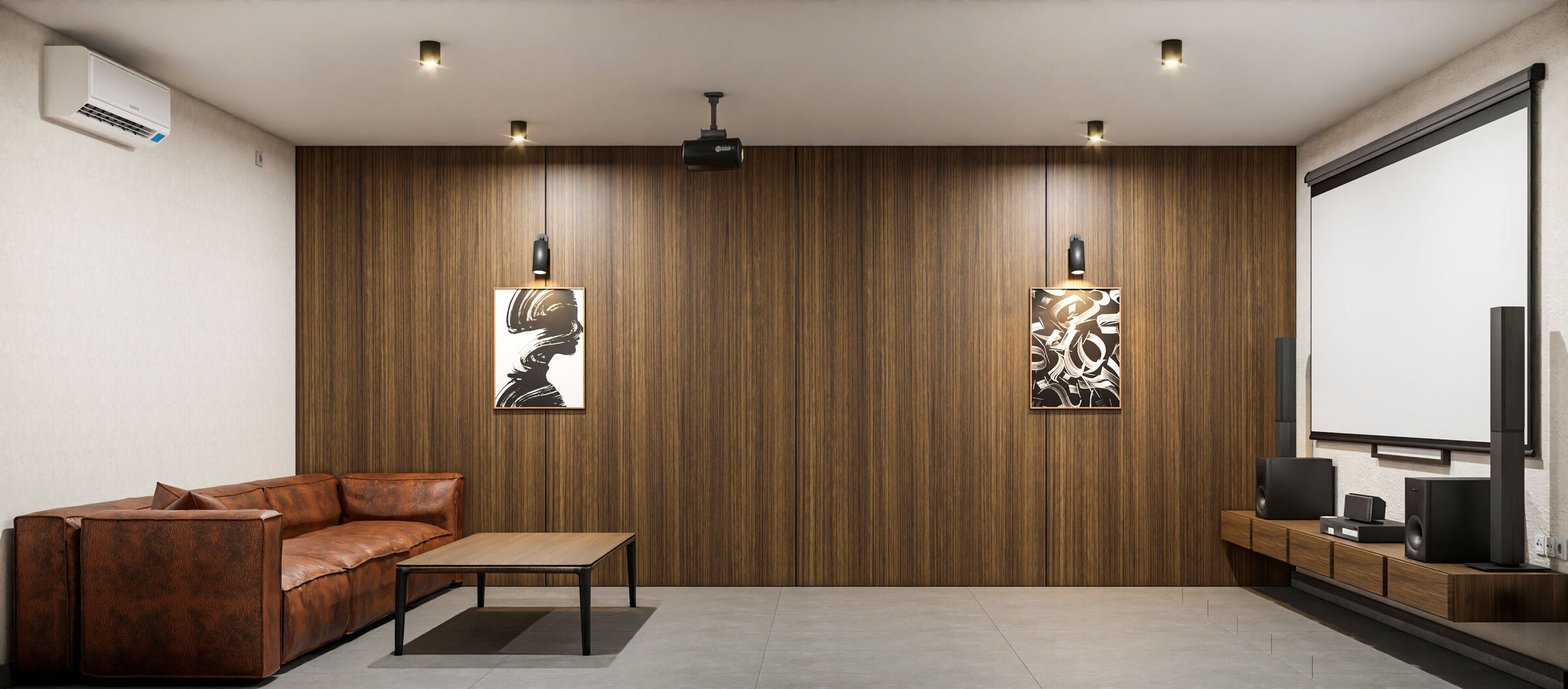 Timber wall cladding, leather seating, and subtle architectural lighting create an intimate lounge designed for comfort, relaxation, and contemporary family living.