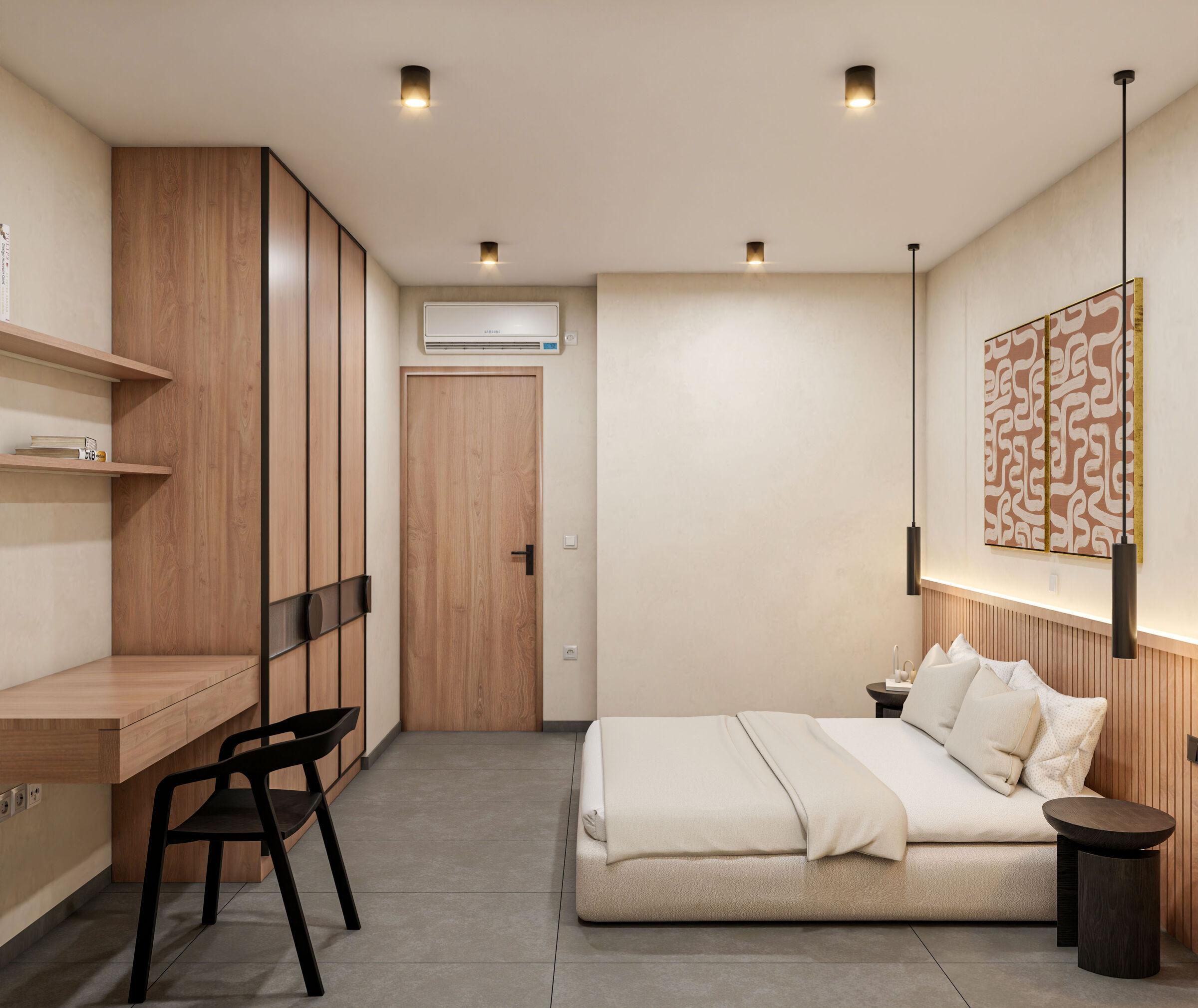 Bespoke timber cabinetry and an integrated workspace create a functional bedroom interior, combining contemporary furniture design with carefully considered spatial organization.