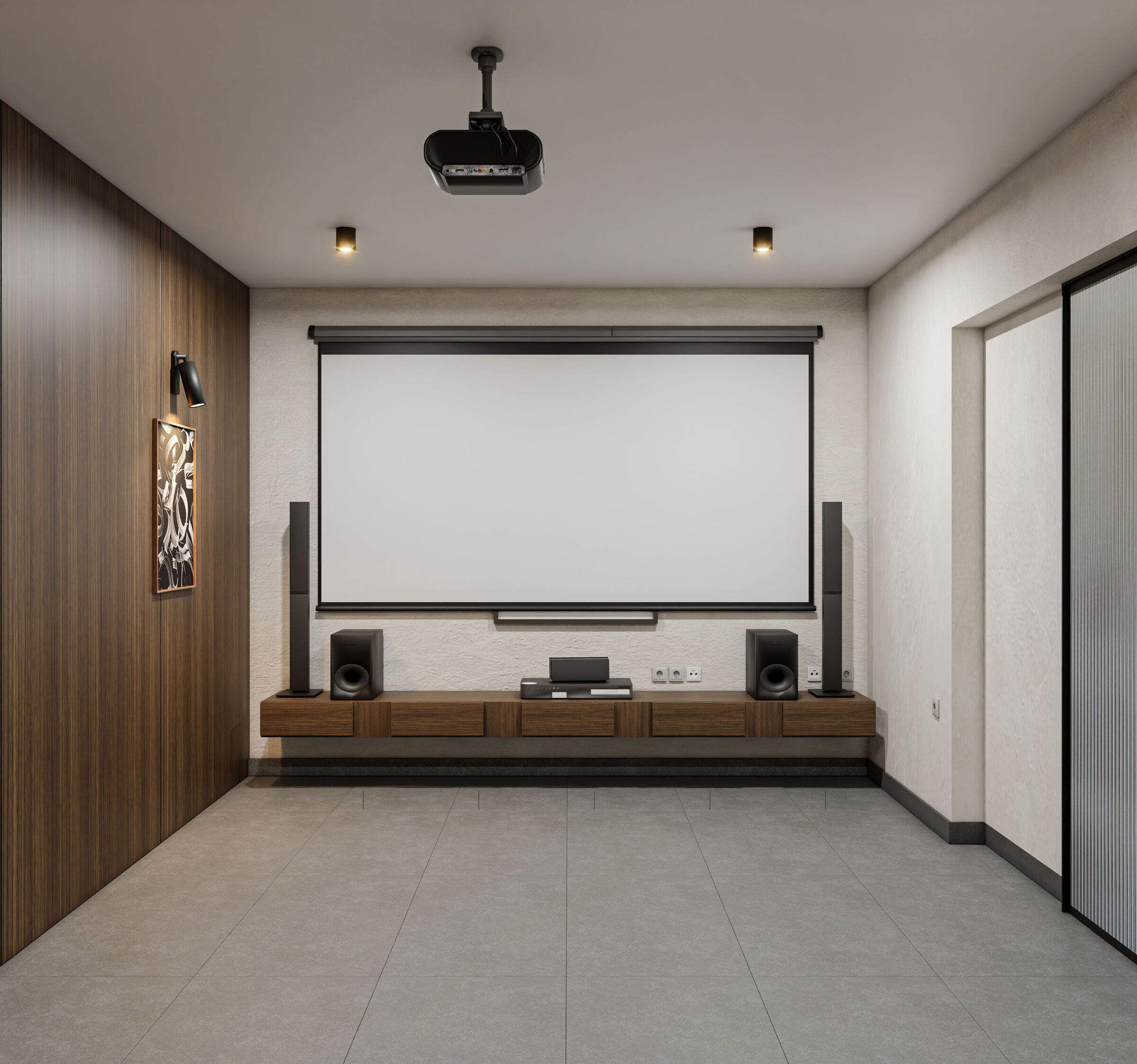 A dedicated home cinema in the basement of Geros Villa combines minimalist architectural detailing with integrated audiovisual technology for private entertainment.