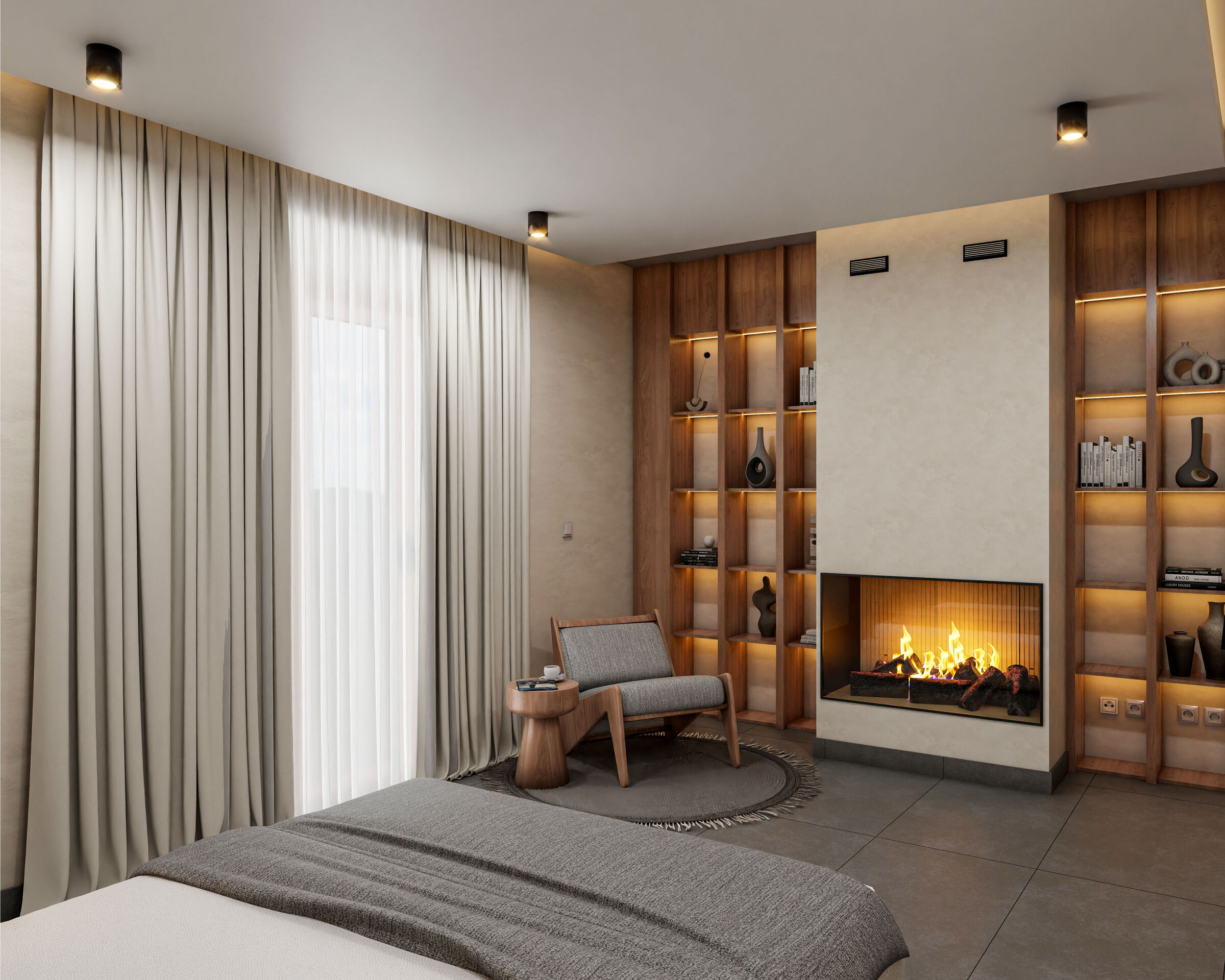 A private bedroom lounge combines a built-in fireplace, integrated shelving, and natural textures to create a warm and intimate interior environment.