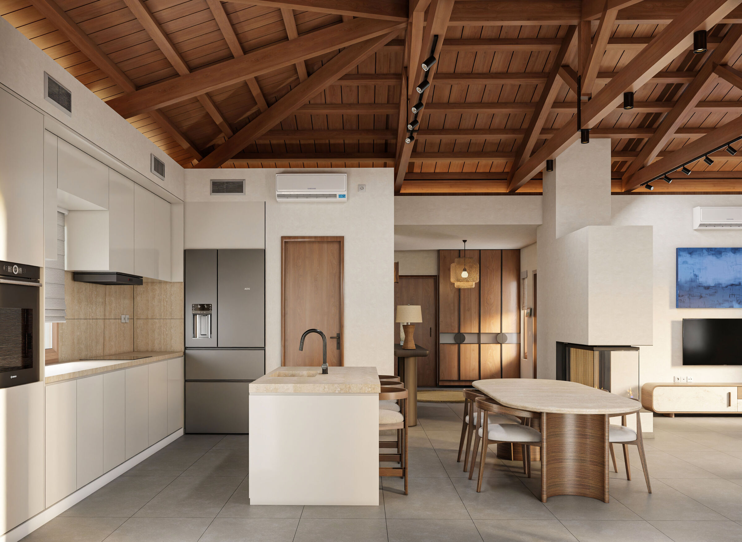 The kitchen and dining area combines minimalist cabinetry, natural timber construction, and warm lighting, establishing a balanced dialogue between tradition and contemporary design.