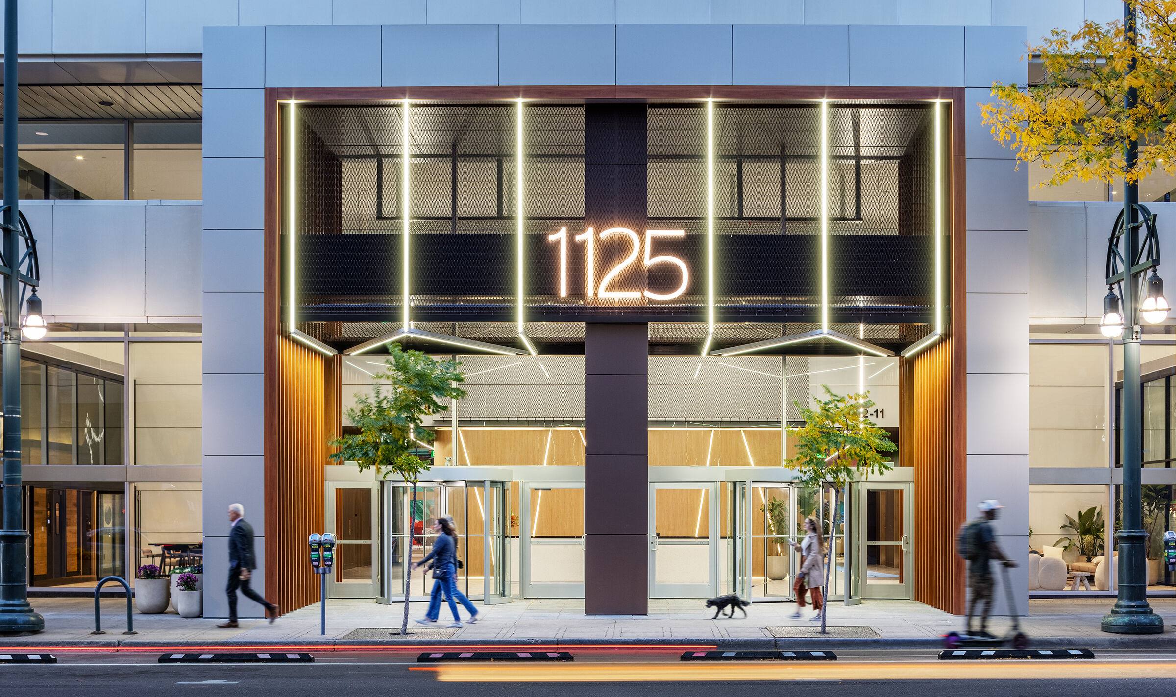 Dune 40100 flexible wire mesh continues the textured design element  from the exterior facade into the welcoming space of the lobby
