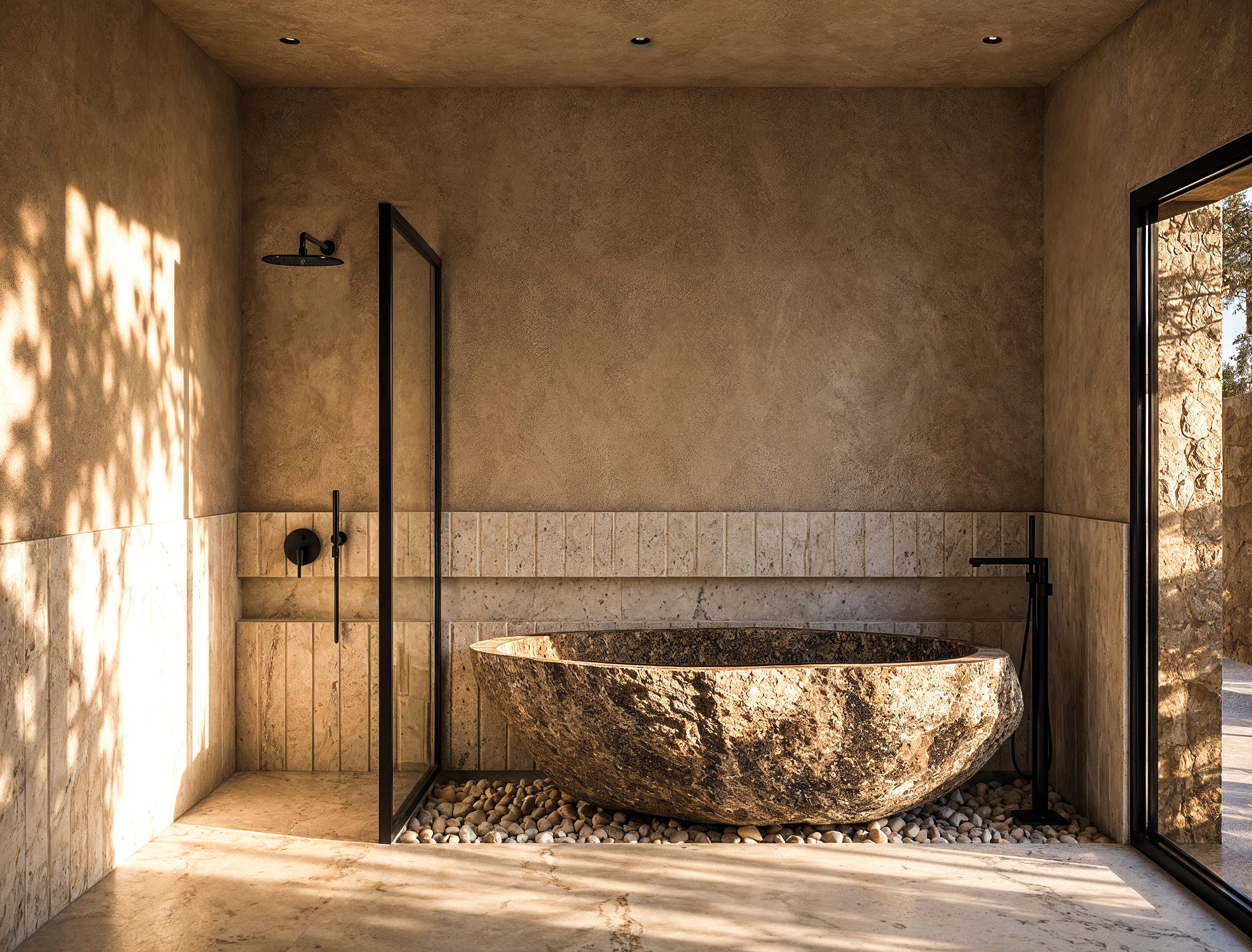 A sculptural stone bathtub becomes the centerpiece of the bathroom, combining raw material textures, minimalist detailing, and natural daylight.