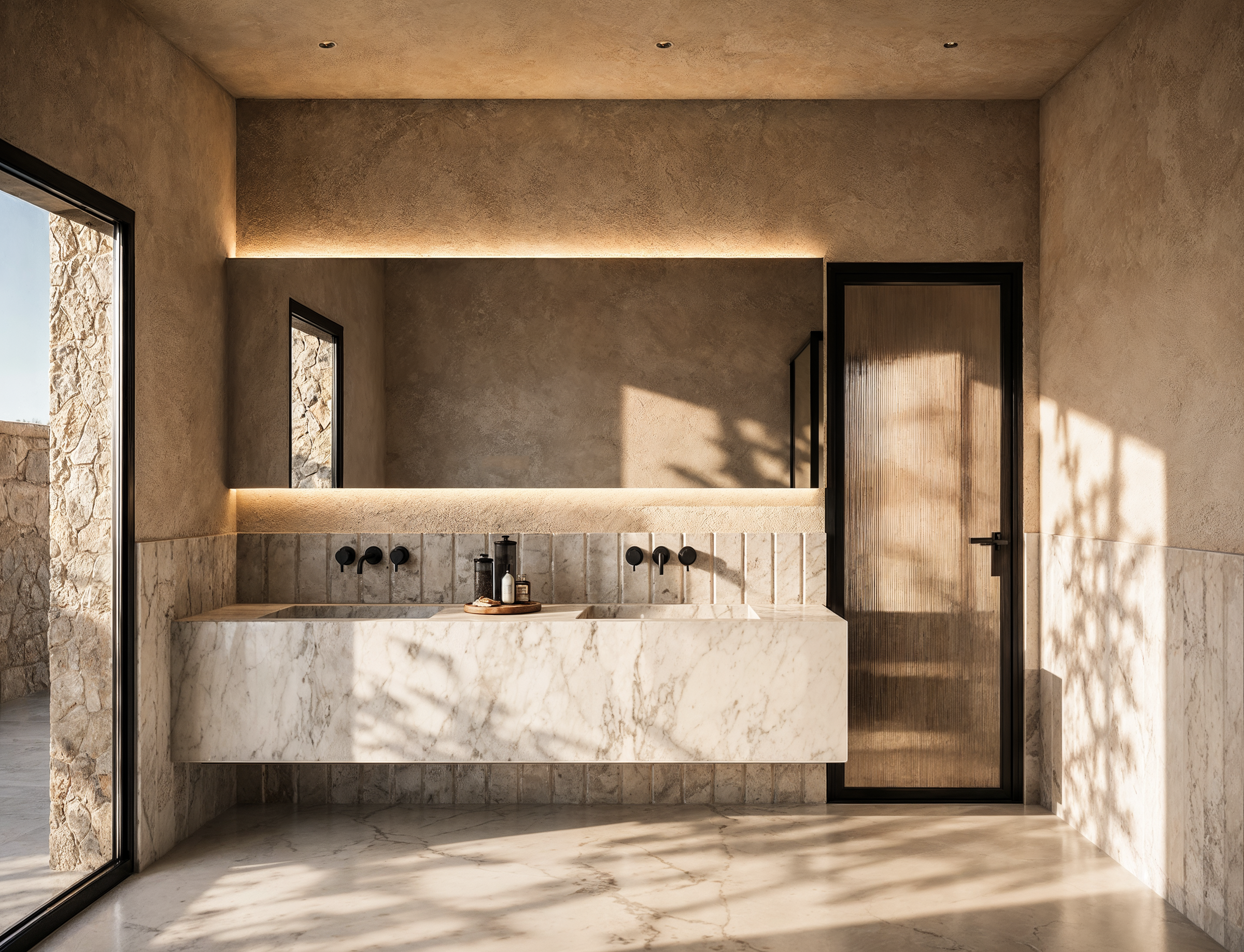 A bespoke stone vanity with integrated lighting creates a minimalist bathroom composition, balancing natural textures, architectural precision, and contemporary functionality.