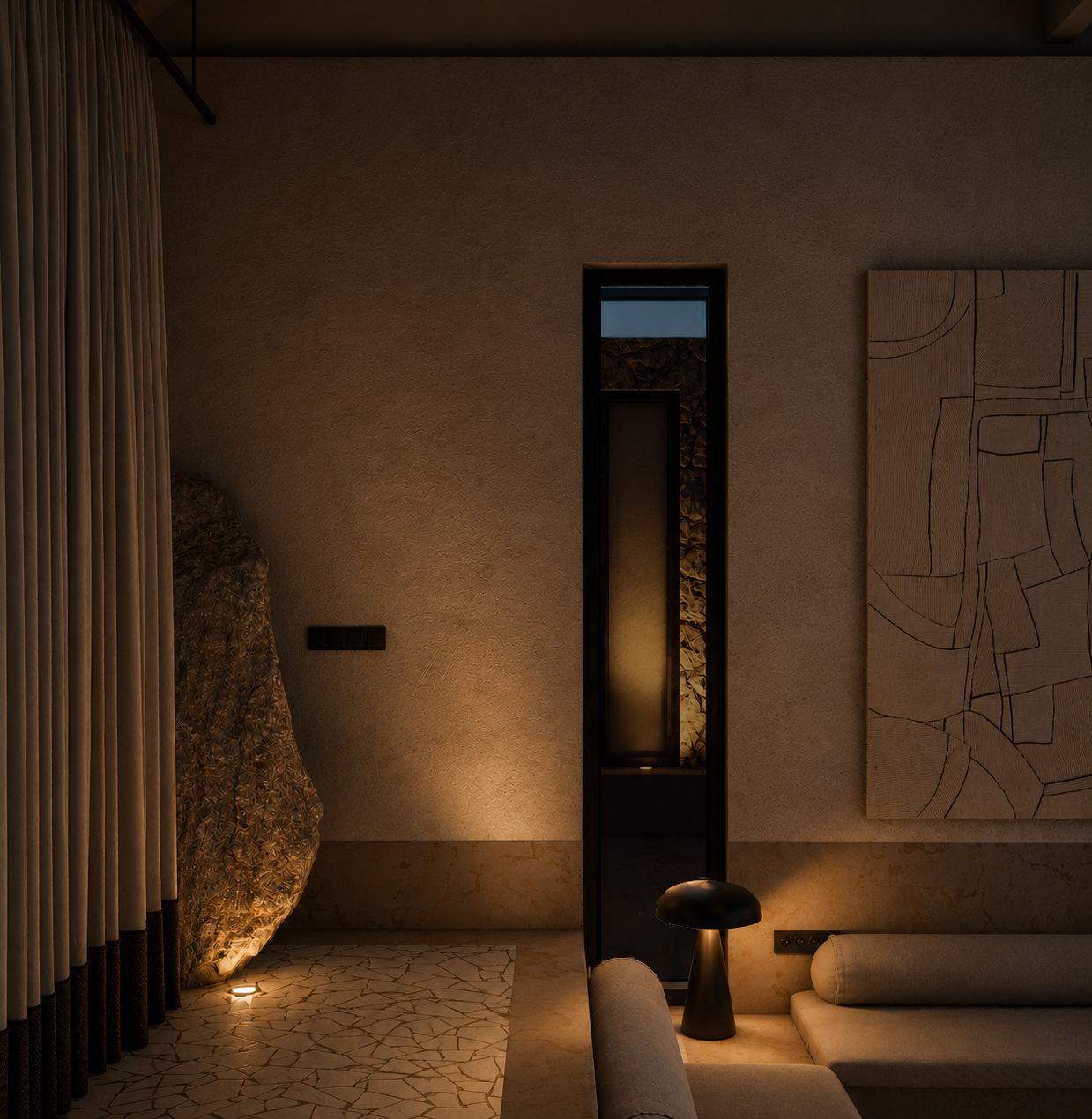 Subtle architectural lighting and carefully selected natural finishes highlight the material richness and understated character of this contemporary residence in Karpathos.