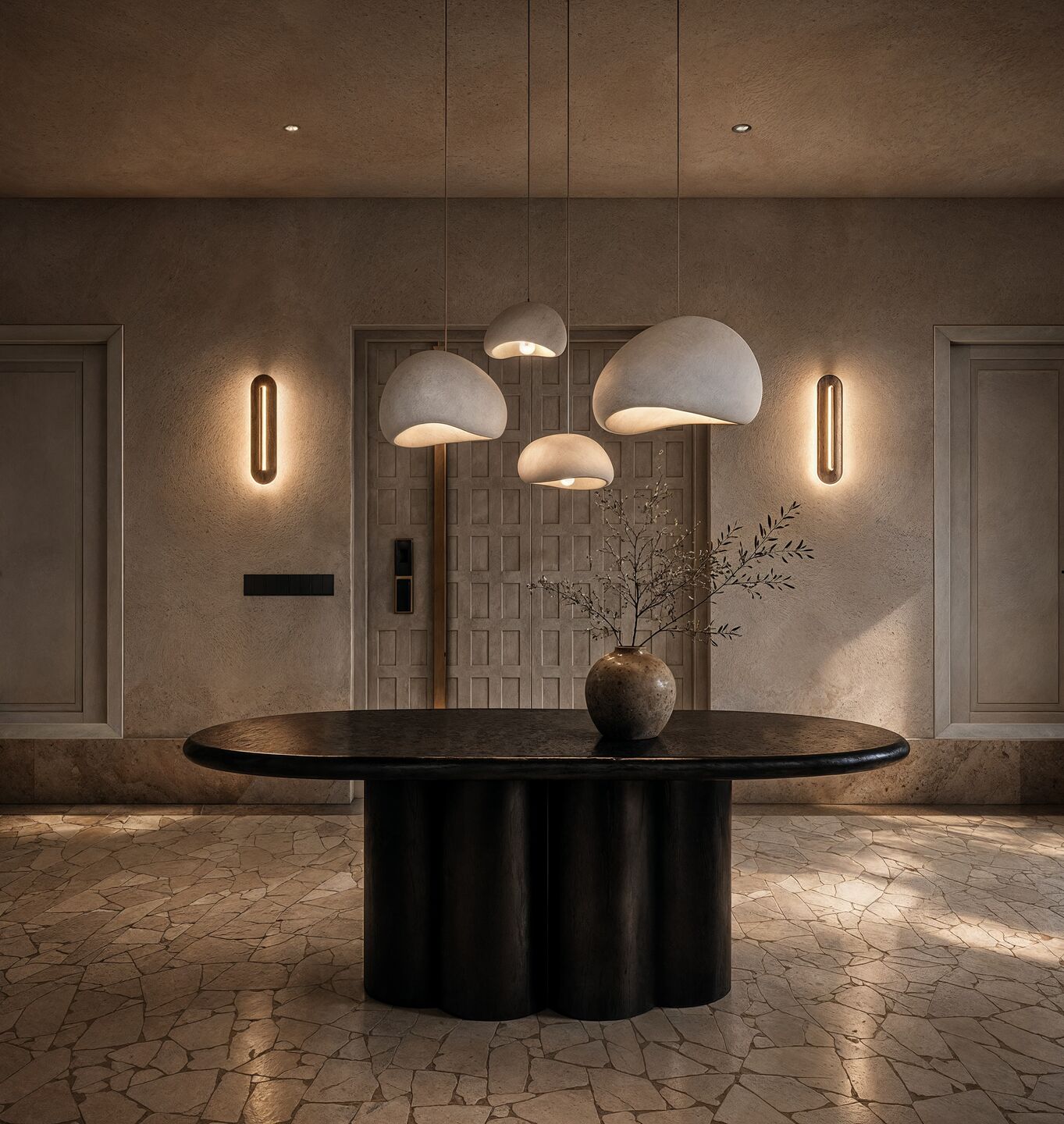 Sculptural pendant lighting and a dark dining table introduce contemporary contrast within an interior defined by earthy tones, textured walls, and restrained architectural detailing.