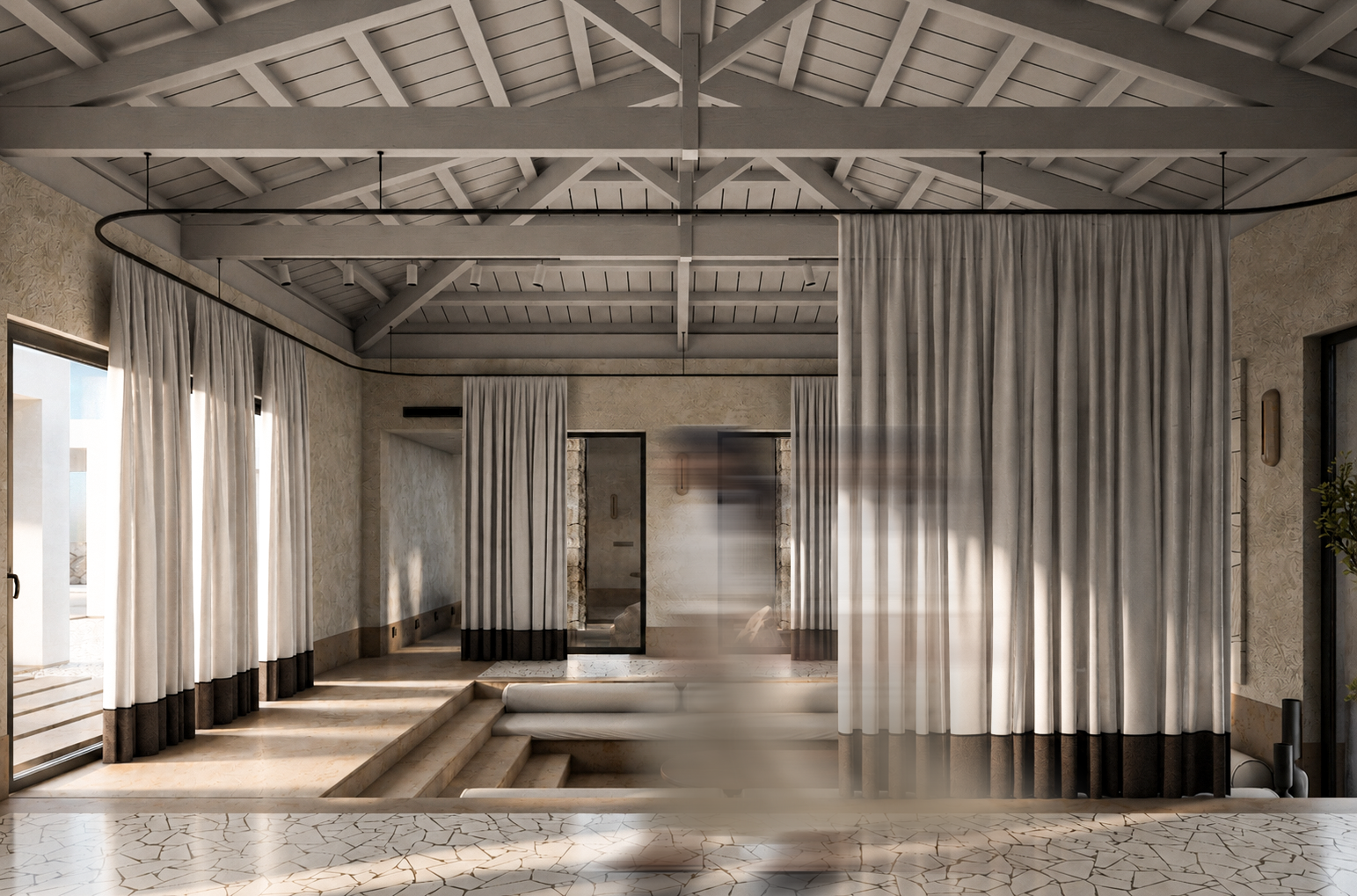 Exposed timber roof structures, translucent curtains, and natural materials define an open residential interior, creating a harmonious relationship between traditional architecture and contemporary design.