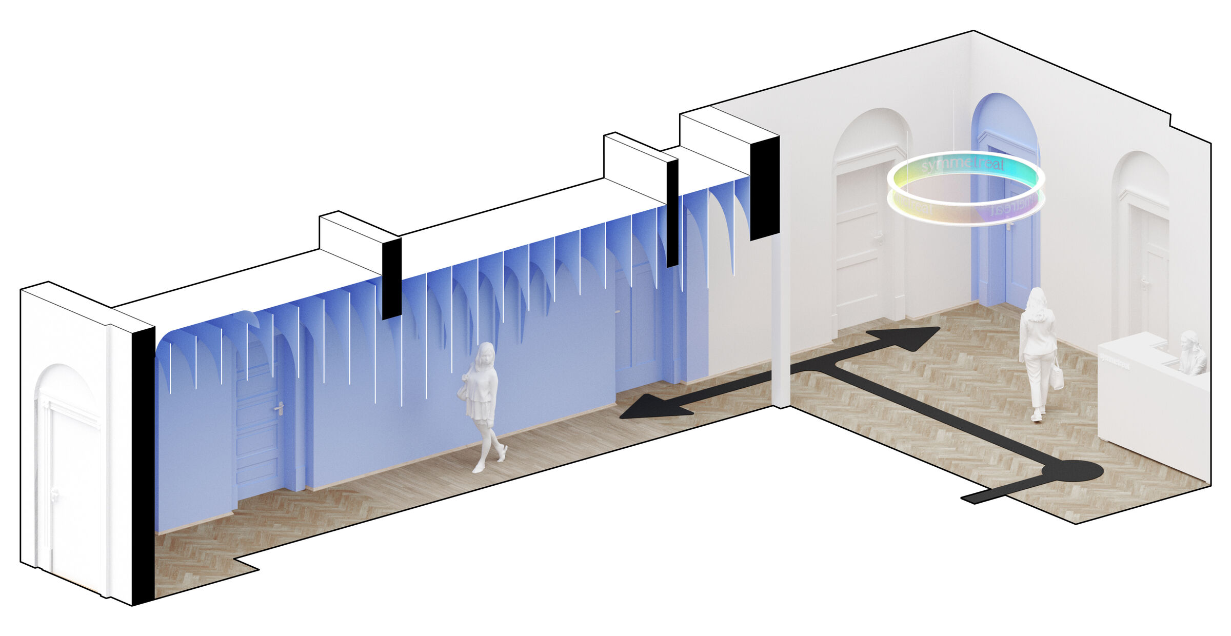 The existing arches are integrated into the organic shape of the ceiling installation.