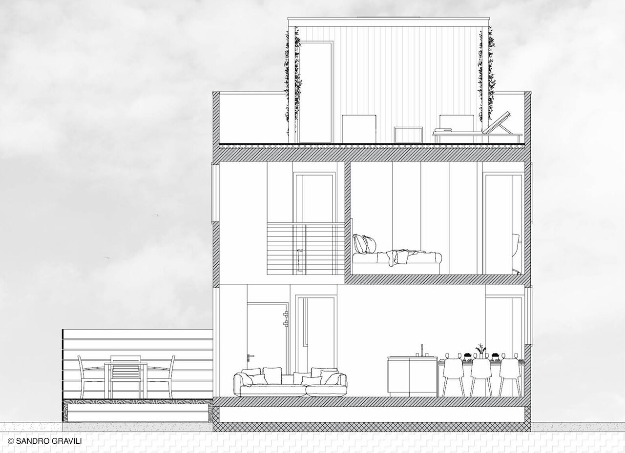 Section AA showing the double-height living space and the roof garden above.
