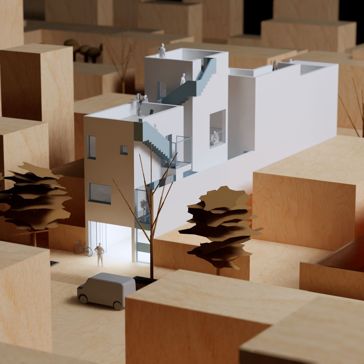 Minimal maquette-style visualization of three-level house with rooftop terraces and open courtyards for 4 units.