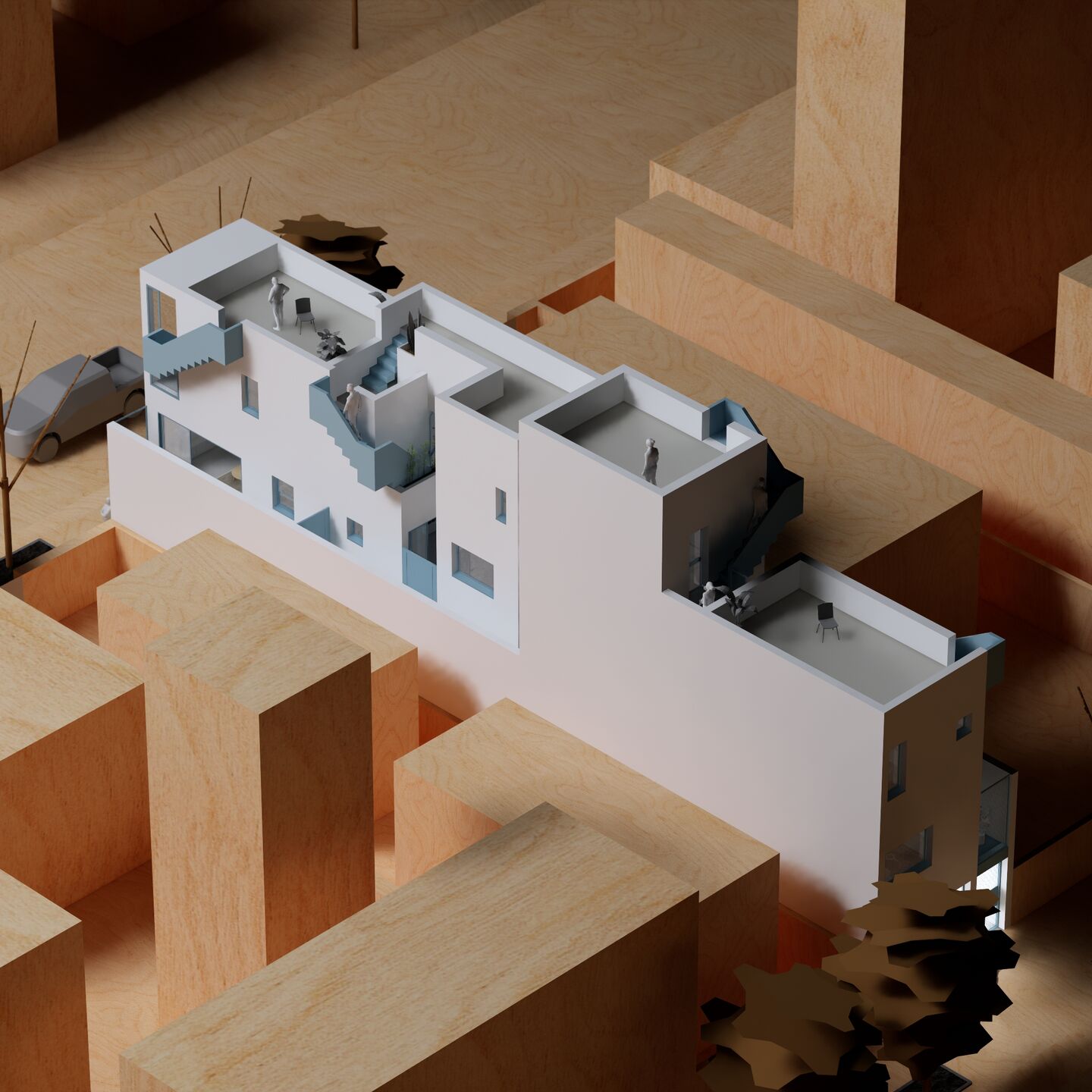 Architectural visualization of narrow multi unit house with natural light, private courtyards, and contemporary design.