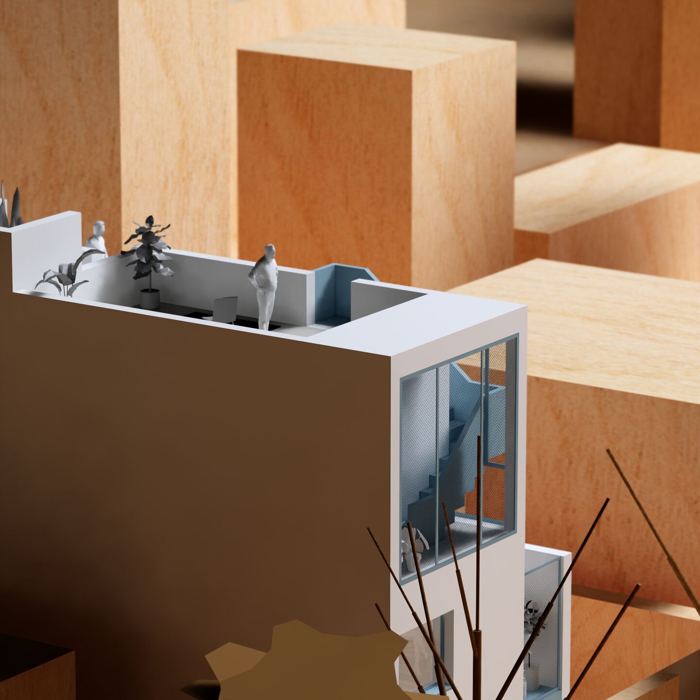 Maquette-style render of modern urban House on a 5x30m plot, showcasing compact housing and rooftop terraces.