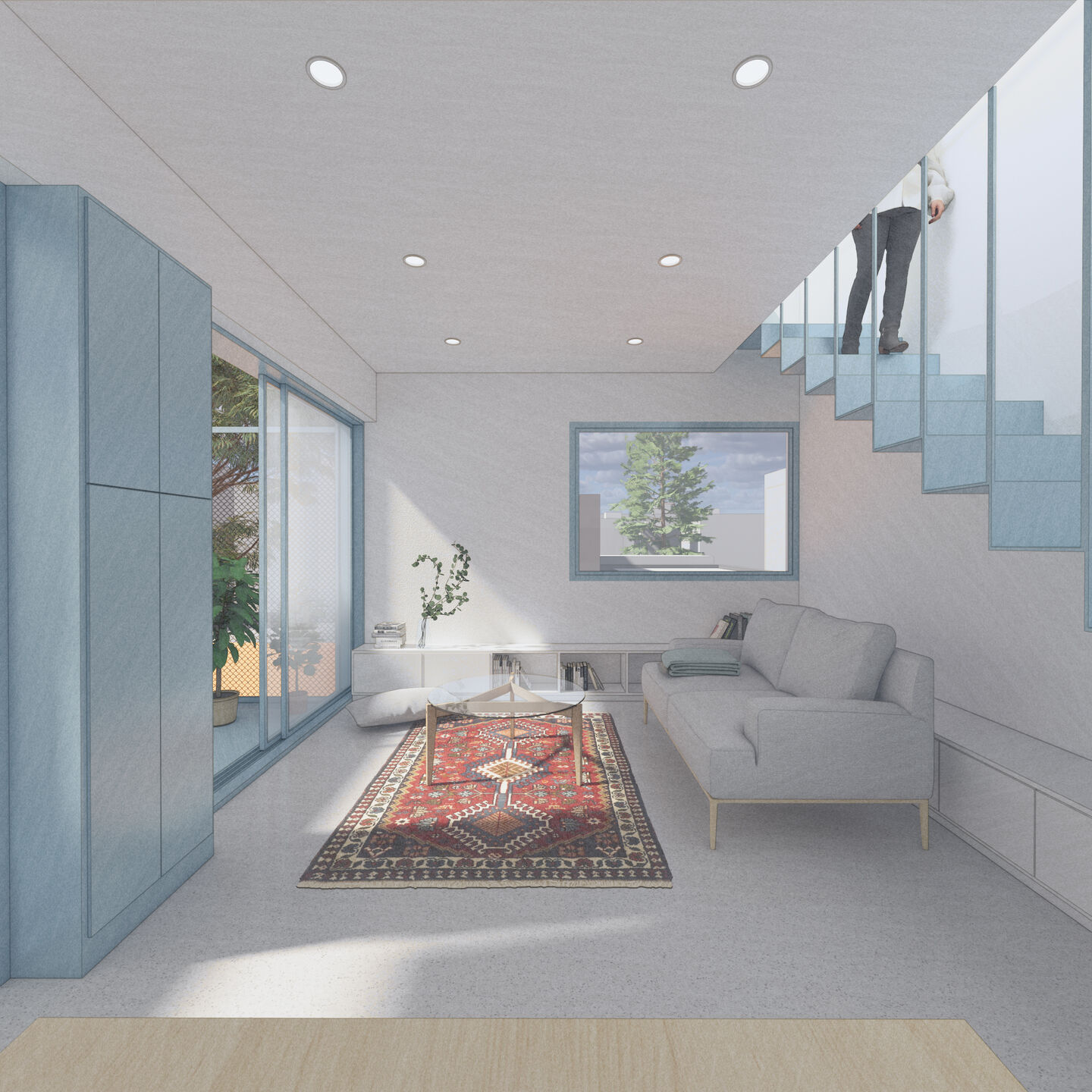 Minimal interior render of a modern house, showcasing open living room with views of balcony.