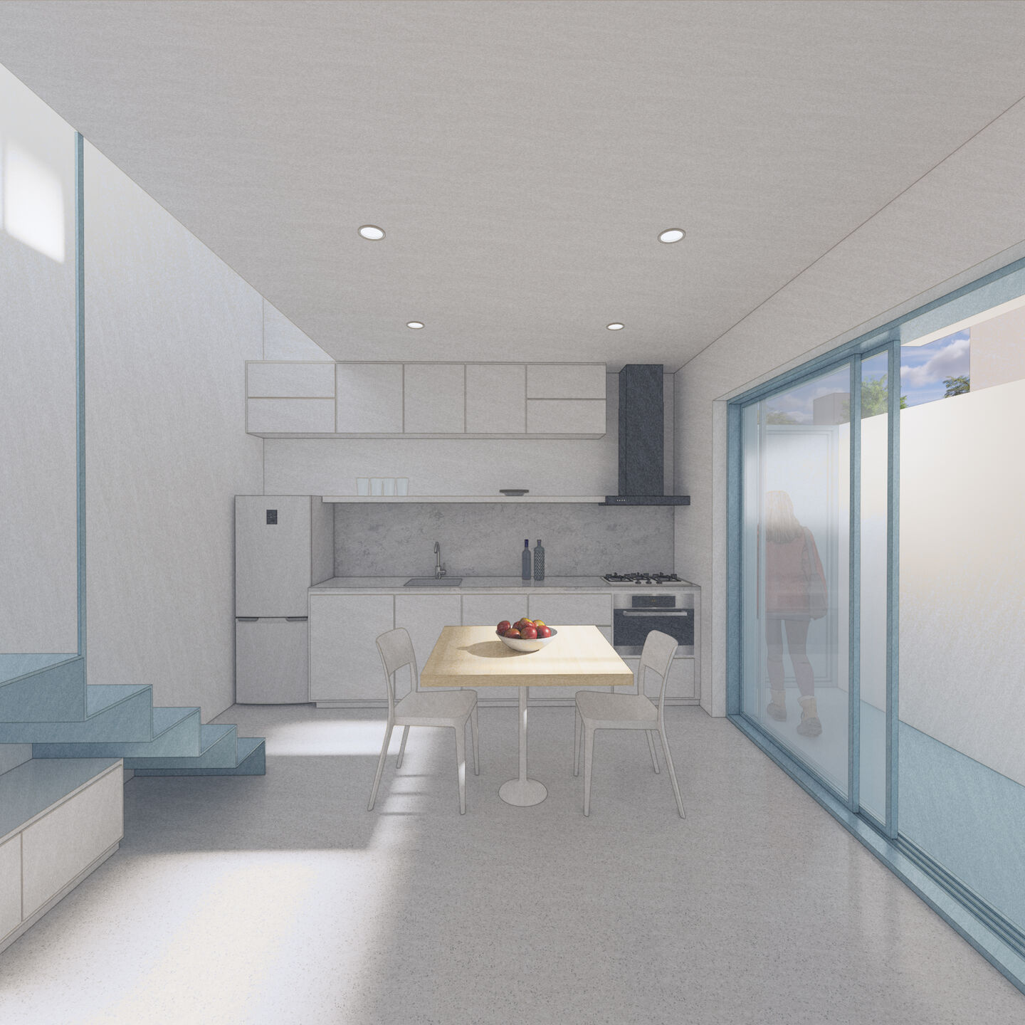 Architectural visualization of a compact house interior with minimal kitchen, clean staircase, and natural light.