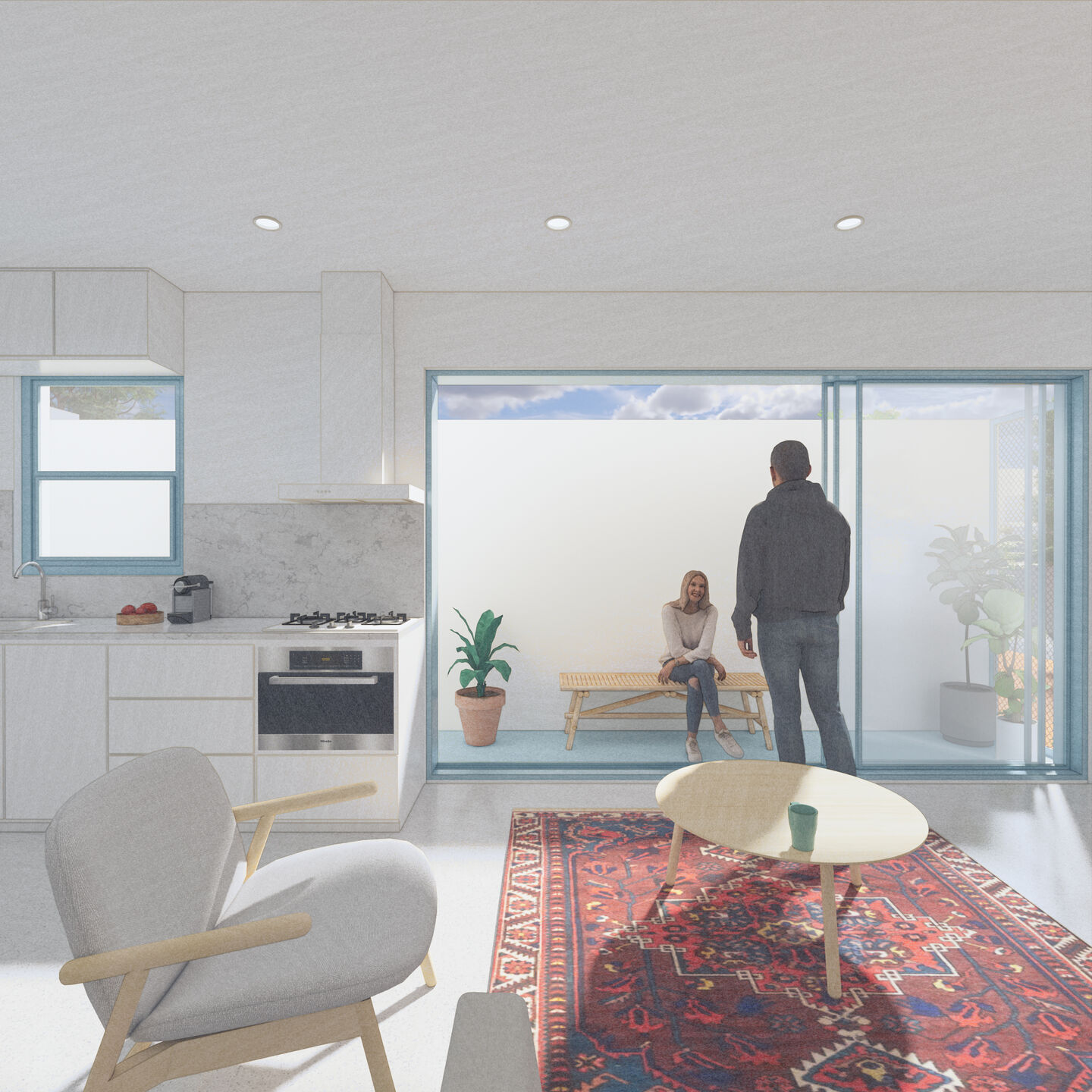 Minimal interior render of a modern house, showcasing open living room with views of balcony.