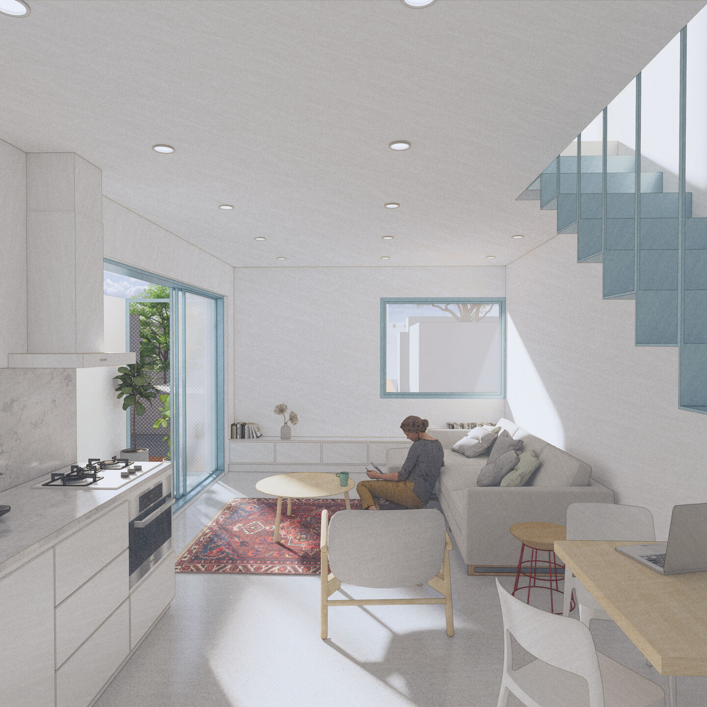 Minimal interior render of a modern house, showcasing open living room with views of balcony.