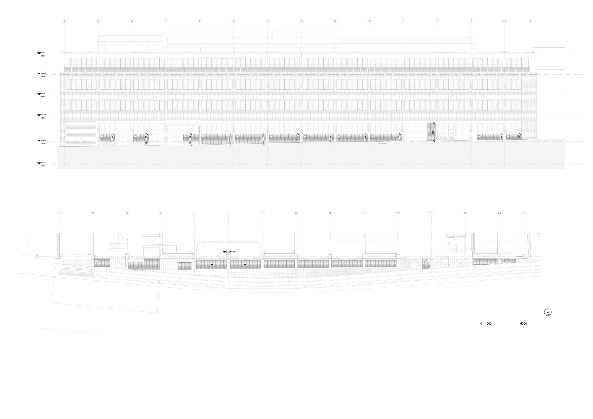 Elevation north facade bricks from facade to pavement