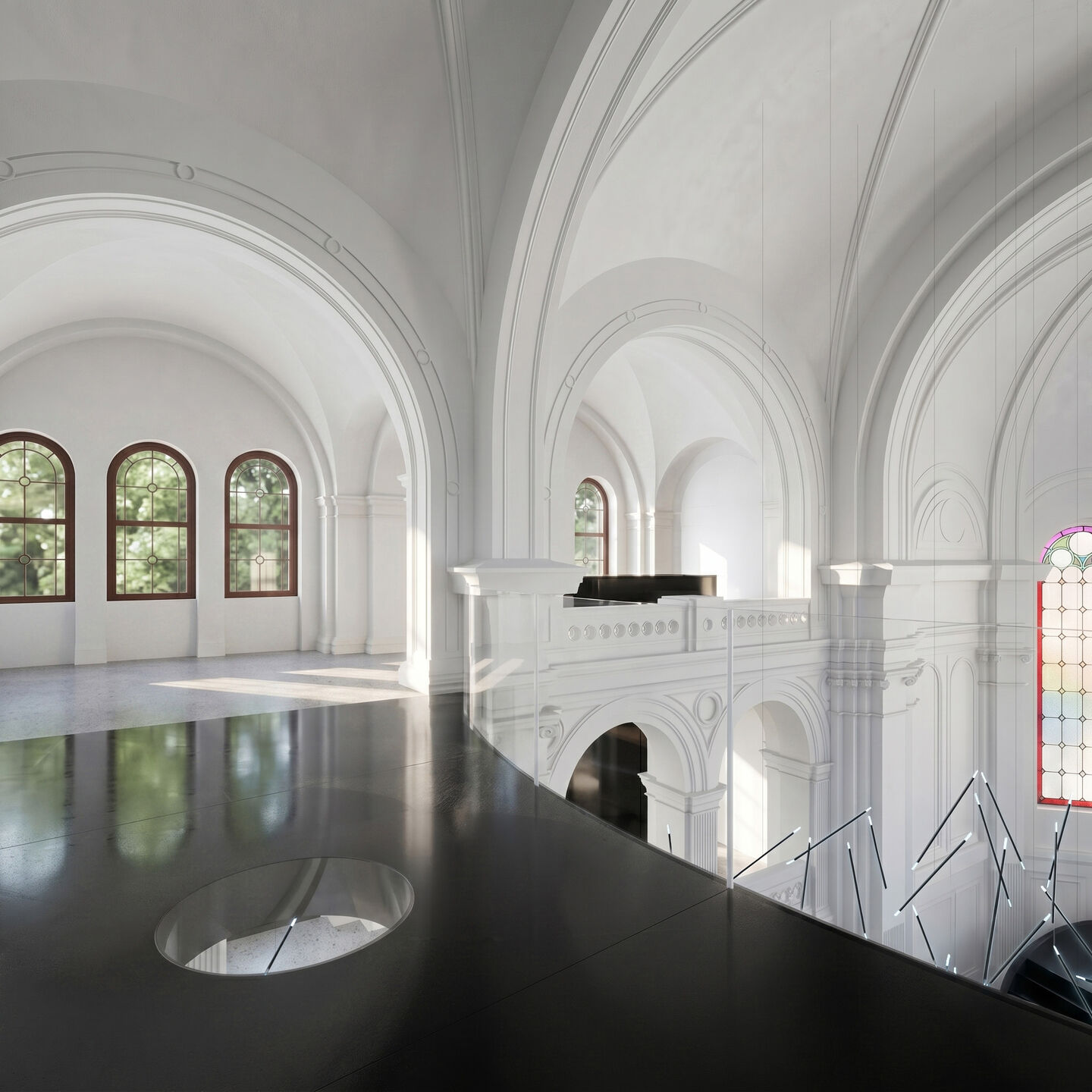 Rendering, Bridge, view toward the side aisle