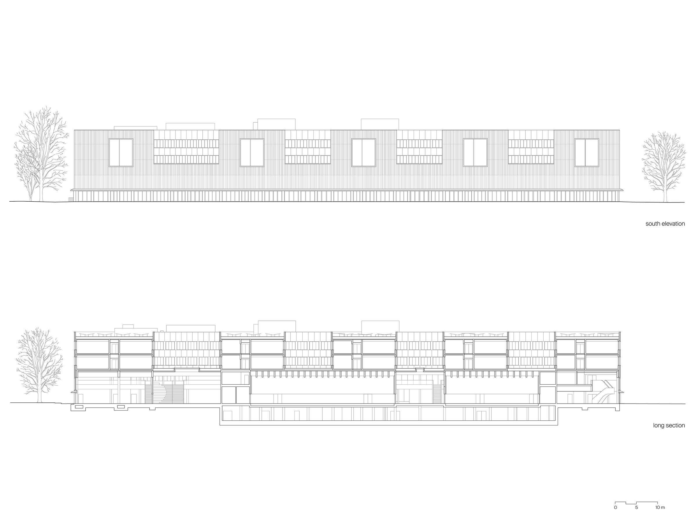 academic building, long section, south elevation