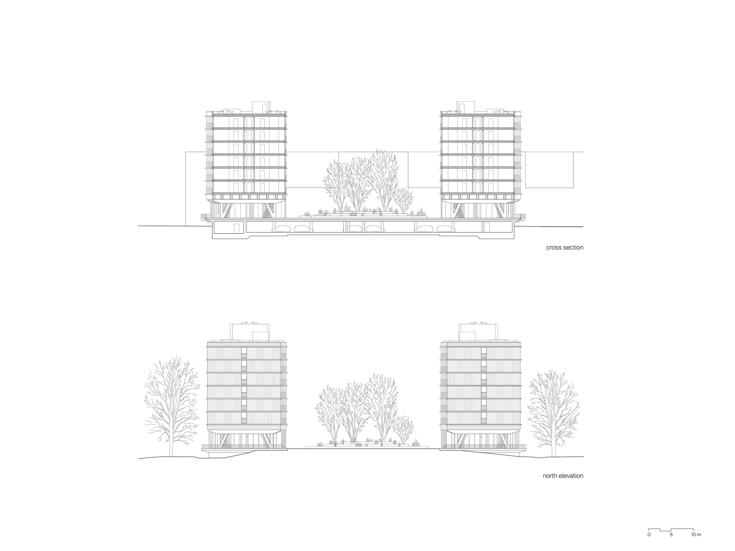residential building, cross section, north evelation