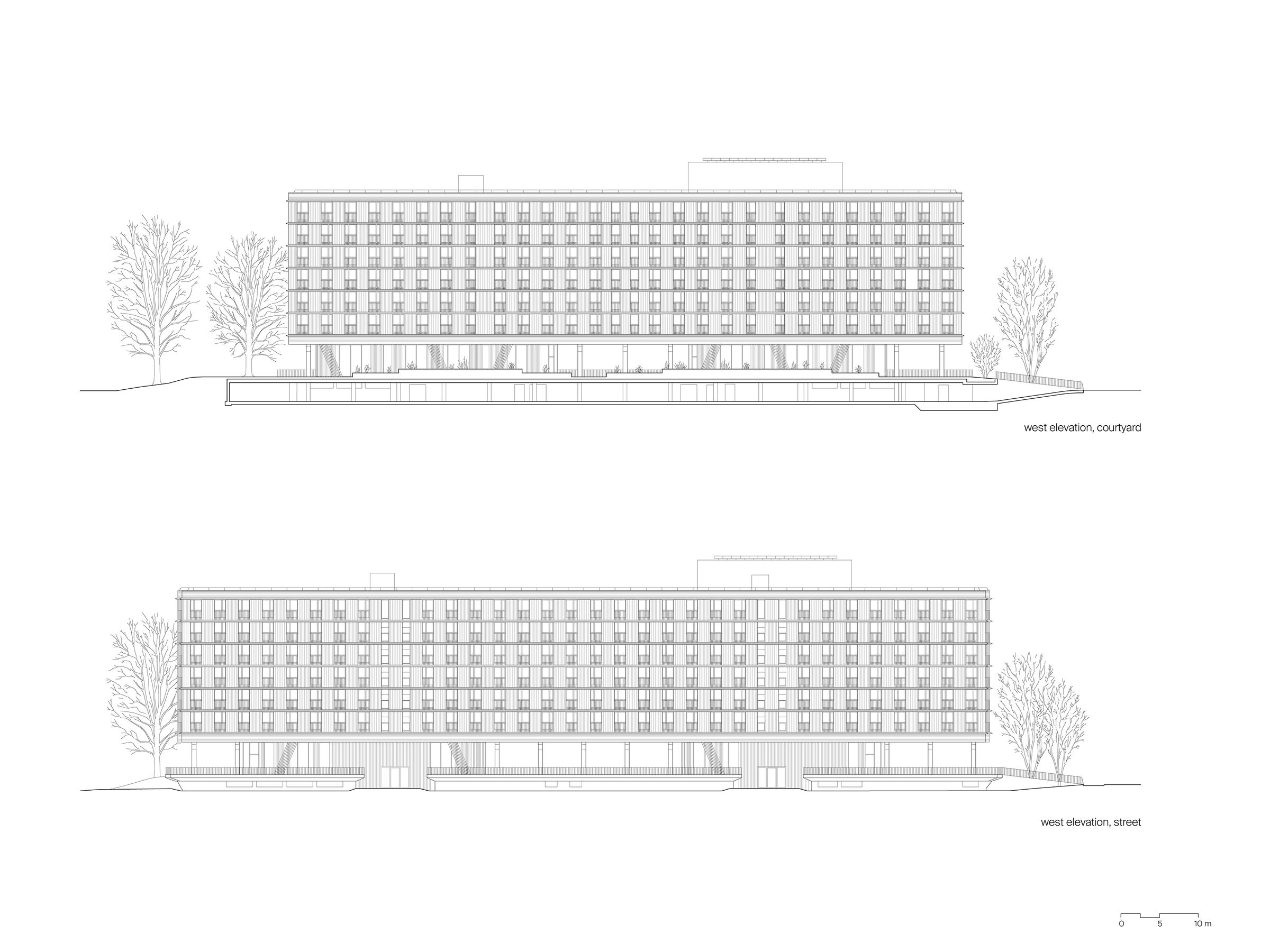 residential building, west elevations, courtyard / west elevations, street