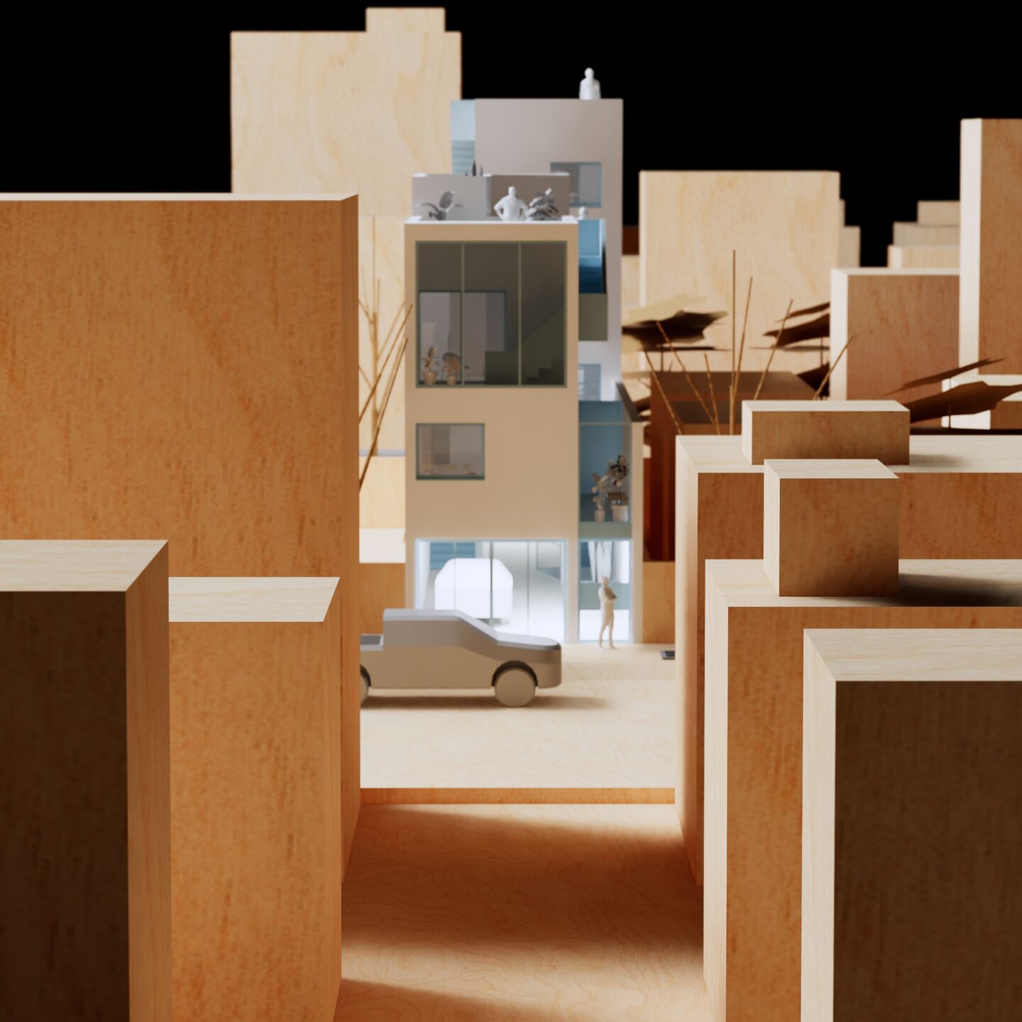 Architectural render of compact urban multi unit house, designed with light, airflow, and modern villa concept reinterpretation.