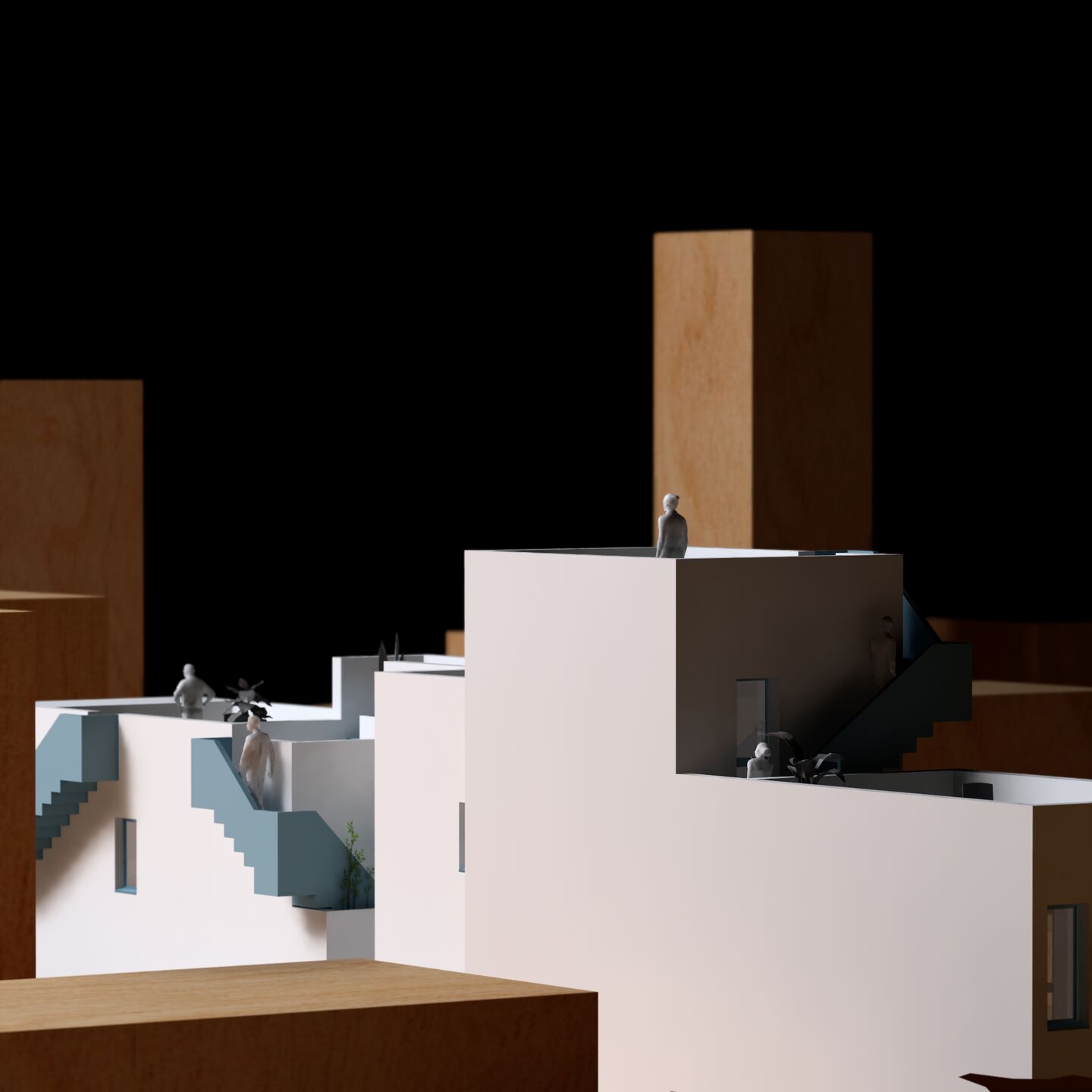 Maquette-style render of modern urban House on a 5x30m plot, showcasing compact housing and rooftop terraces.