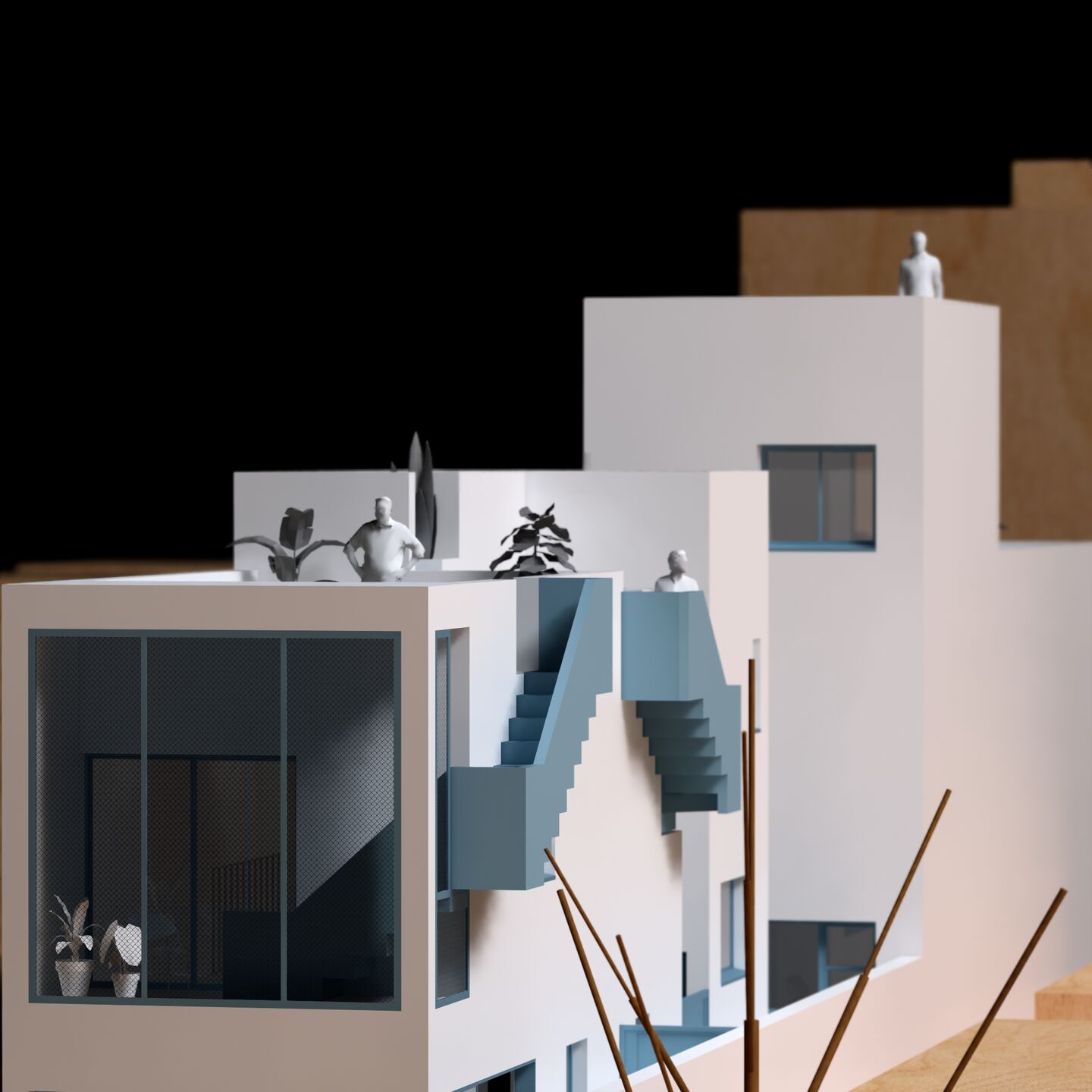 Minimal maquette-style visualization of three-level house with rooftop terraces and open courtyards for 4 units.