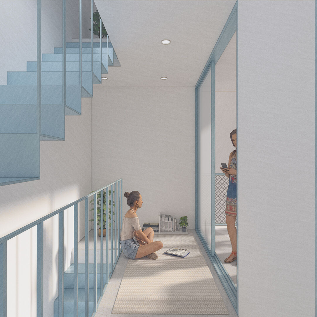 Interior render of a three-level compact villa-apartment with terrace views, and simple architectural details.