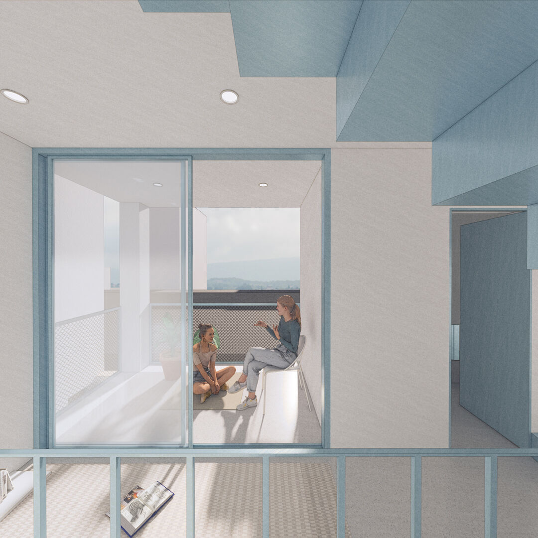 Interior render of a three-level compact villa-apartment with terrace views, and simple architectural details.