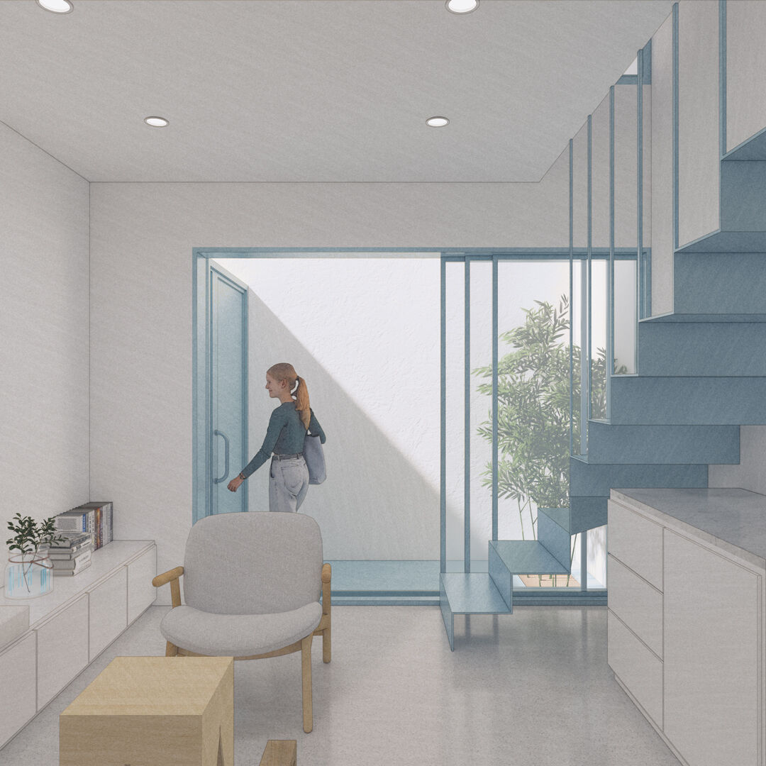 Contemporary house interior render featuring a bright living space connected to balcony.