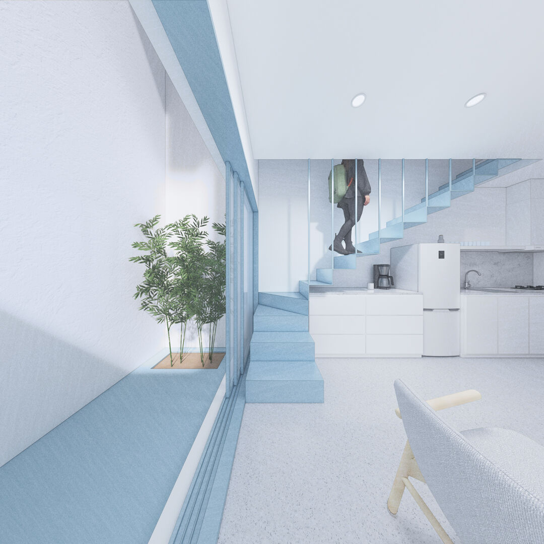 Minimal architectural render of a house interior, blending living room and kitchen with balcony.