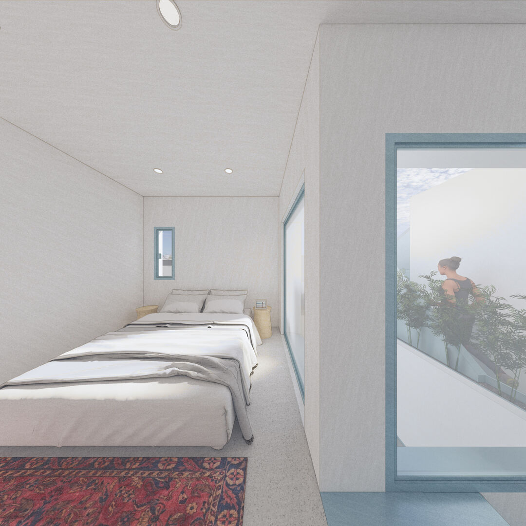 Interior render of a three-level compact villa-apartment with terrace views, and simple architectural details.