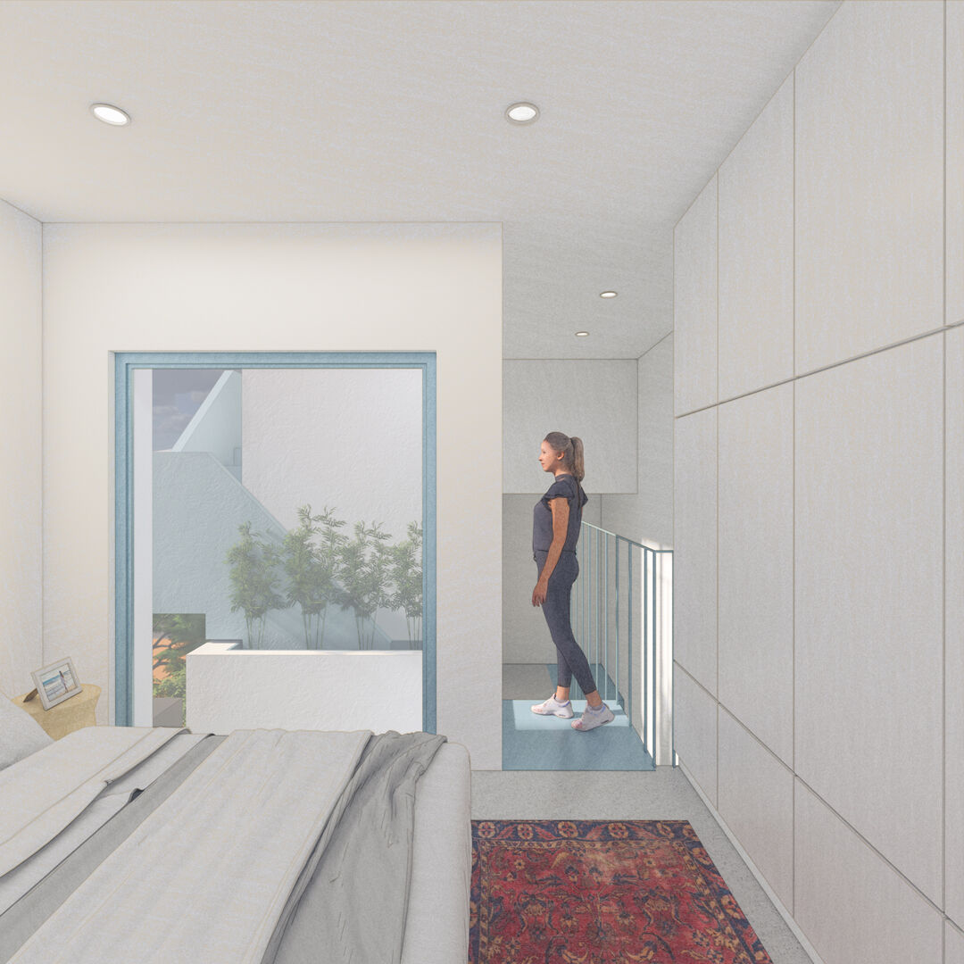 Interior render of a three-level compact villa-apartment with terrace views, and simple architectural details.