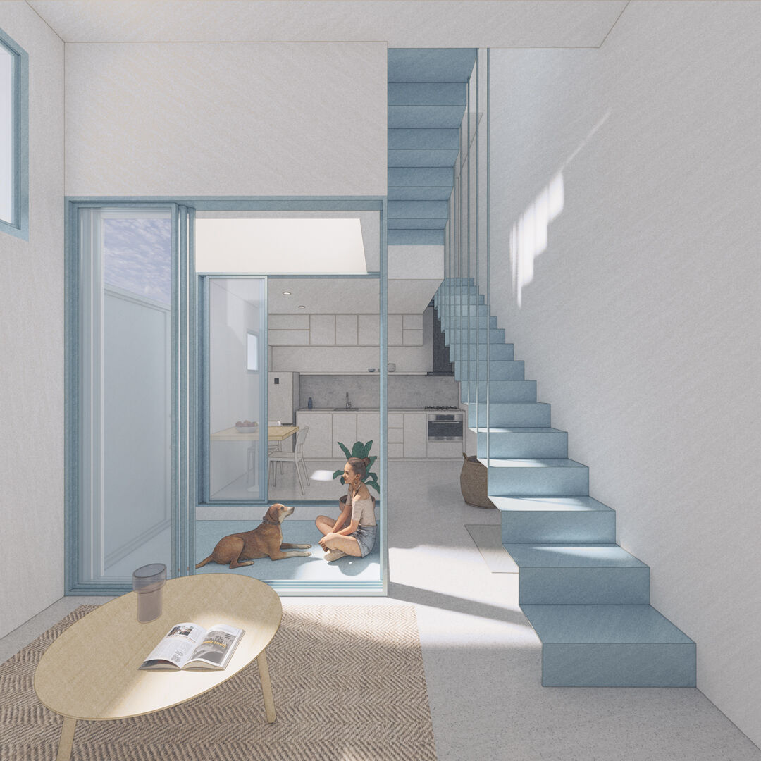 Contemporary house interior render featuring a bright living space connected to balcony.
