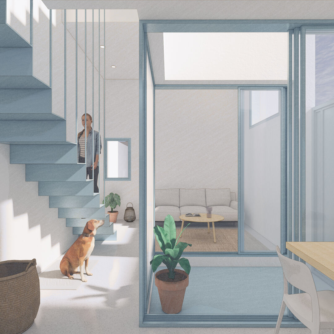Minimal interior design of urban house, highlighting modern staircase, balcony and cozy living room.