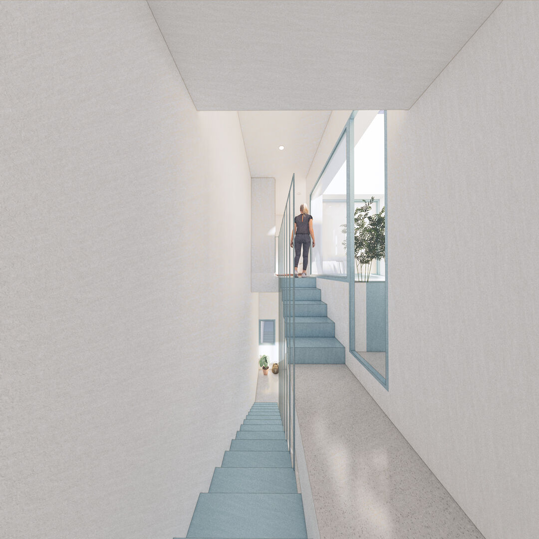 Minimal interior design of urban house, highlighting modern staircase, balcony.