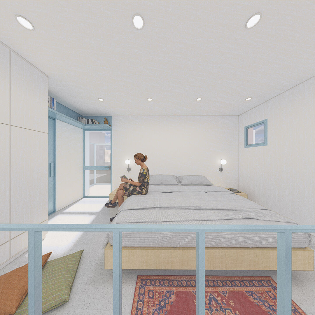 Interior render of a three-level compact villa-apartment with terrace views, and simple architectural details.