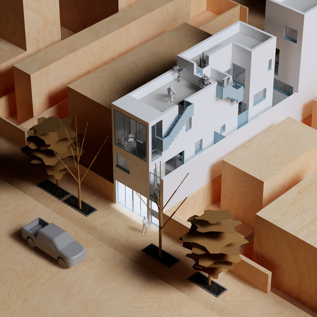 Architectural render of compact urban multi unit house, designed with light, airflow, and modern villa concept reinterpretation.