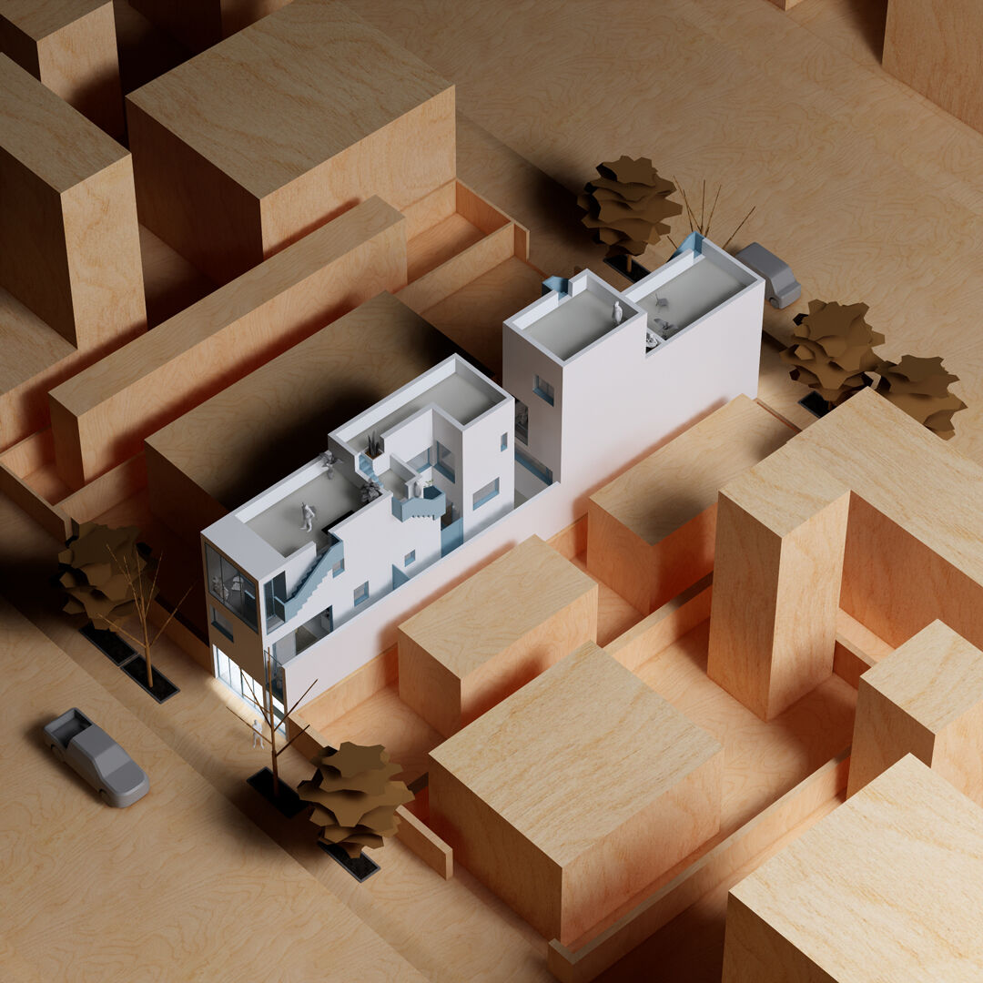 Maquette-style render of modern urban House on a 5x30m plot, showcasing compact housing and rooftop terraces.
