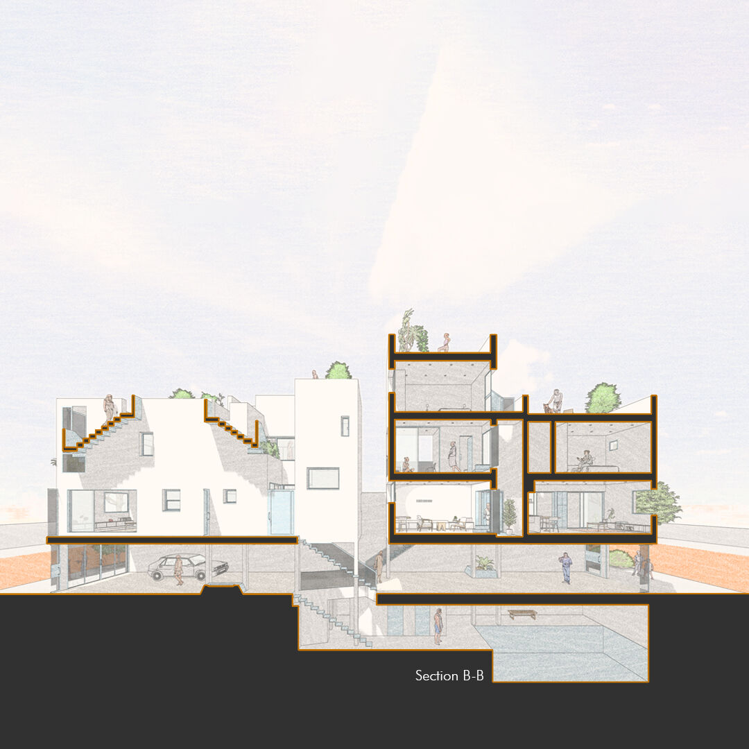 3d architectural section of a modern compact urban house with rooftop terraces.