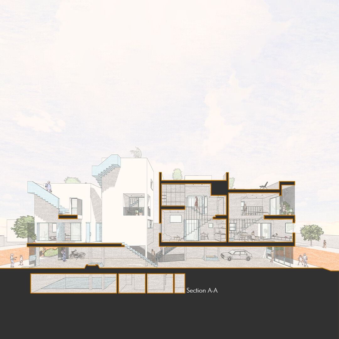 3d architectural section of a modern compact urban house with rooftop terraces.