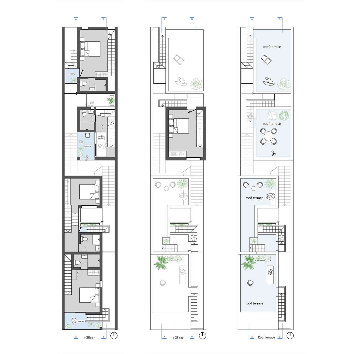 Architectural Plan of a modern compact urban house with rooftop terraces.