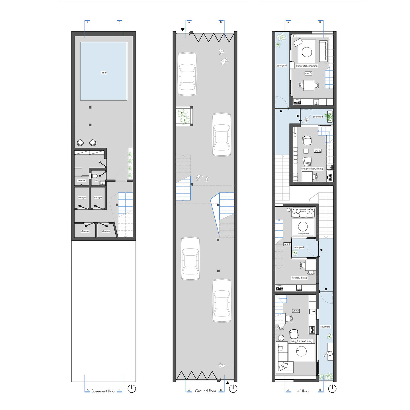 Architectural Plan of a modern compact urban house with rooftop terraces.