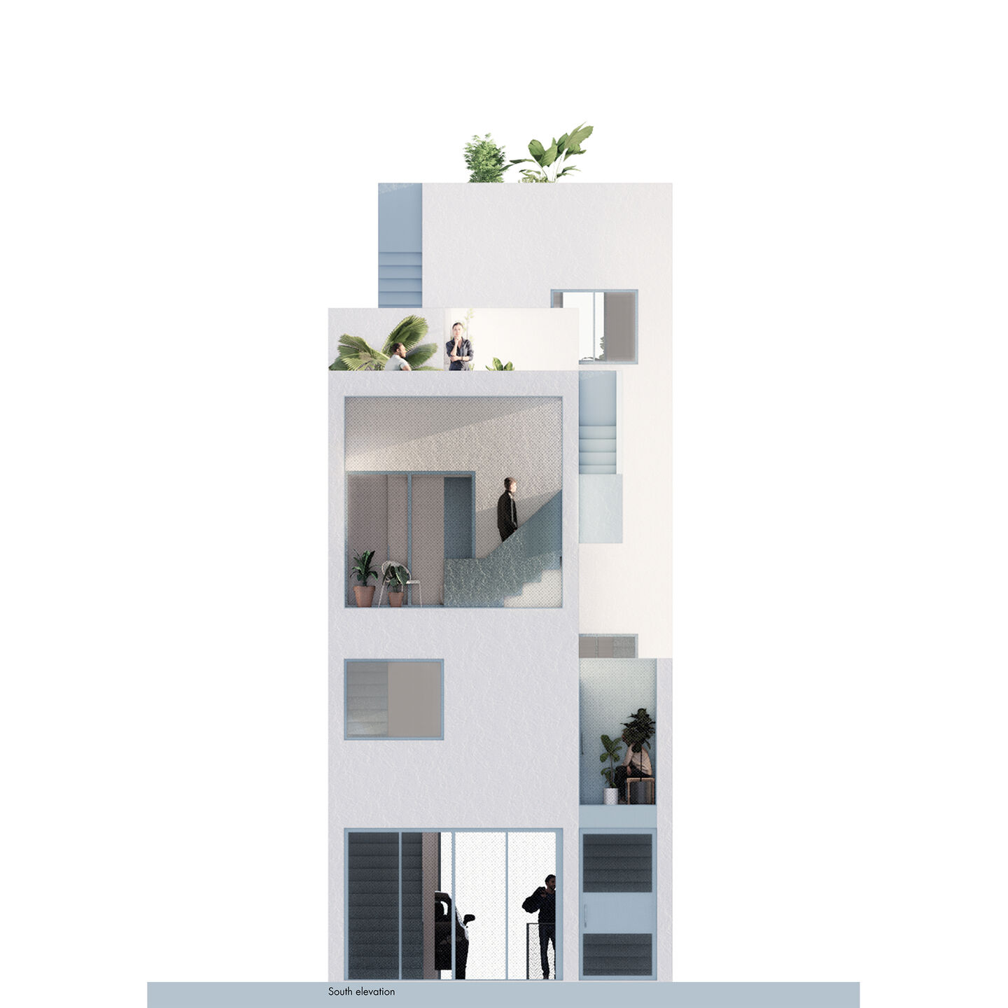 Architectural Elevation of a modern compact urban house with rooftop terraces.