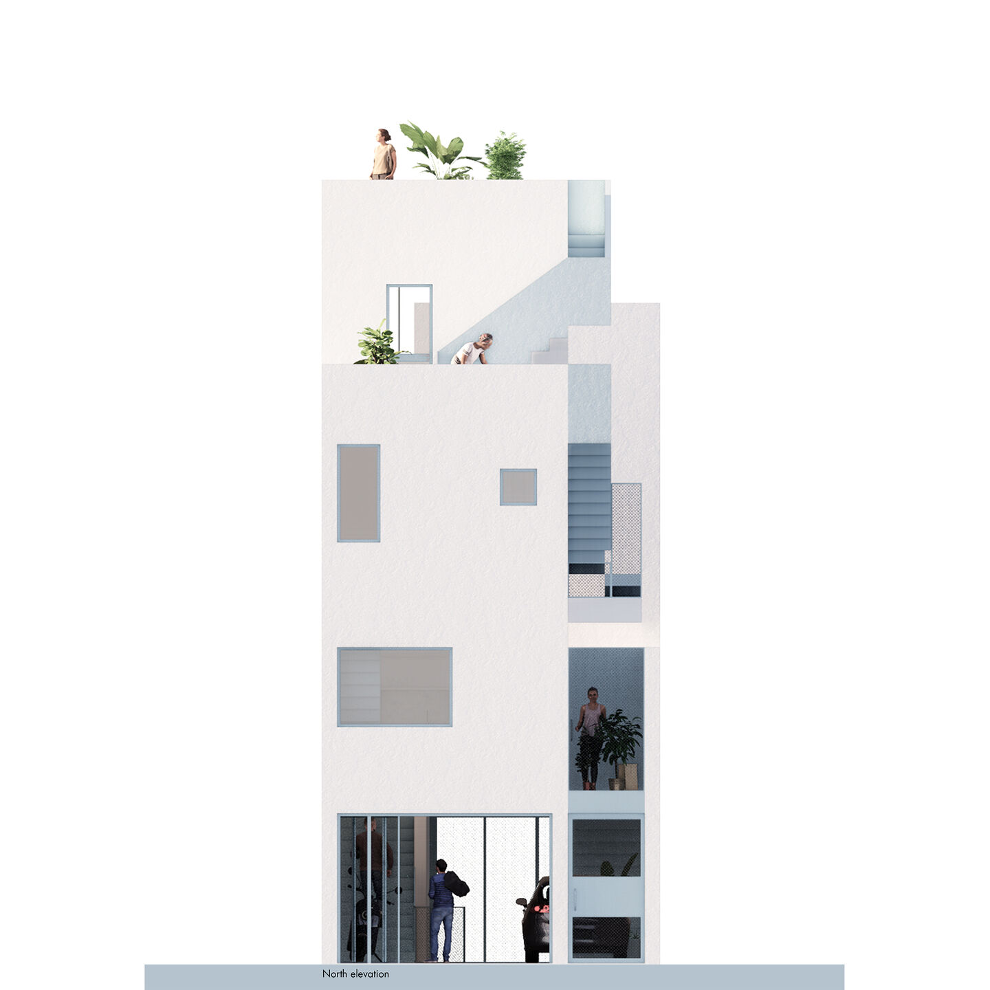 Architectural Elevation of a modern compact urban house with rooftop terraces.