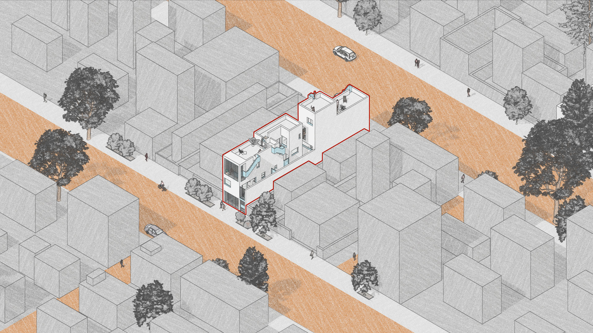 Isometric bird’s-eye architectural diagram render of a modern compact urban house with rooftop terraces.