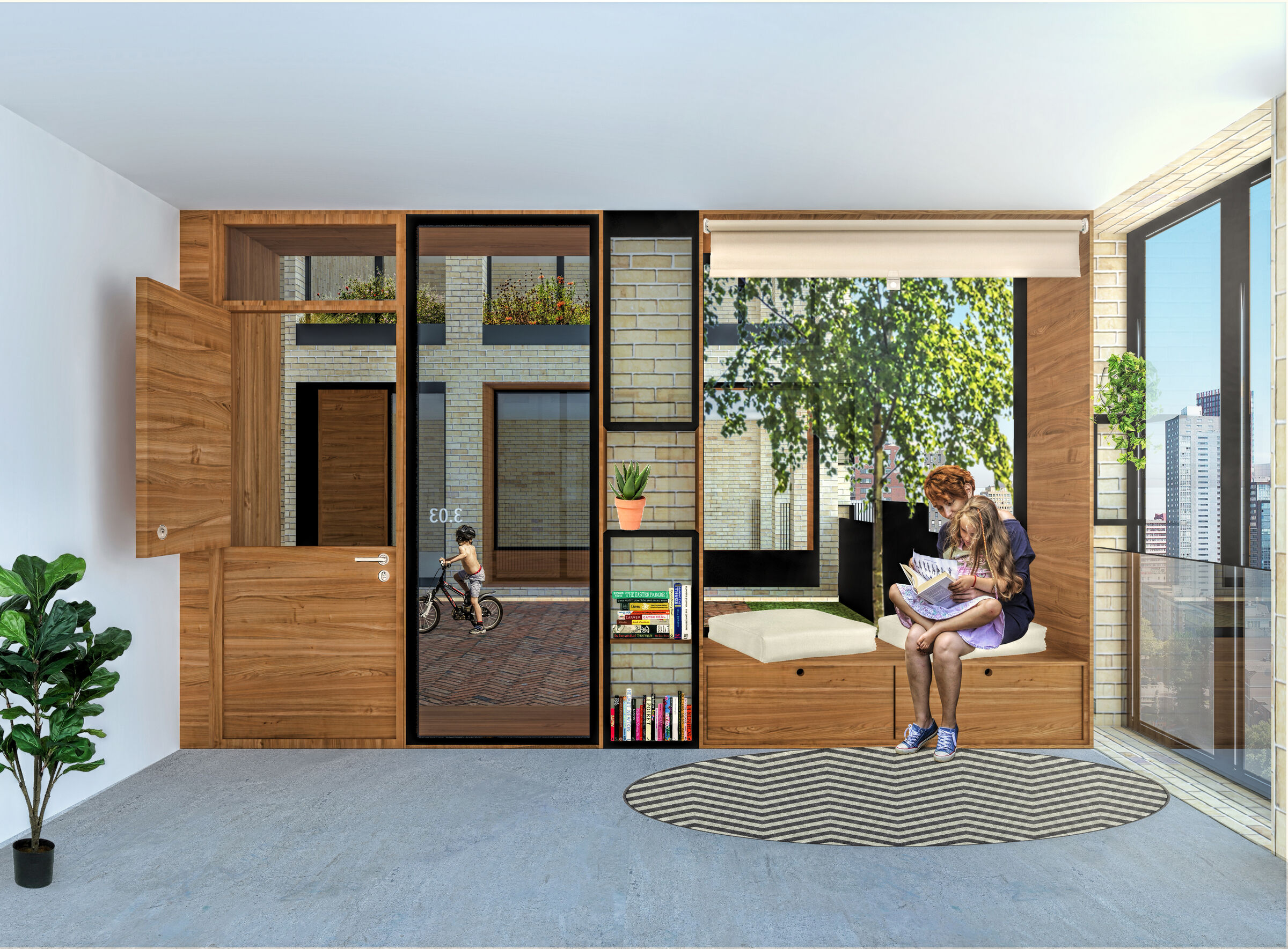 Family house entrance facing the interior street