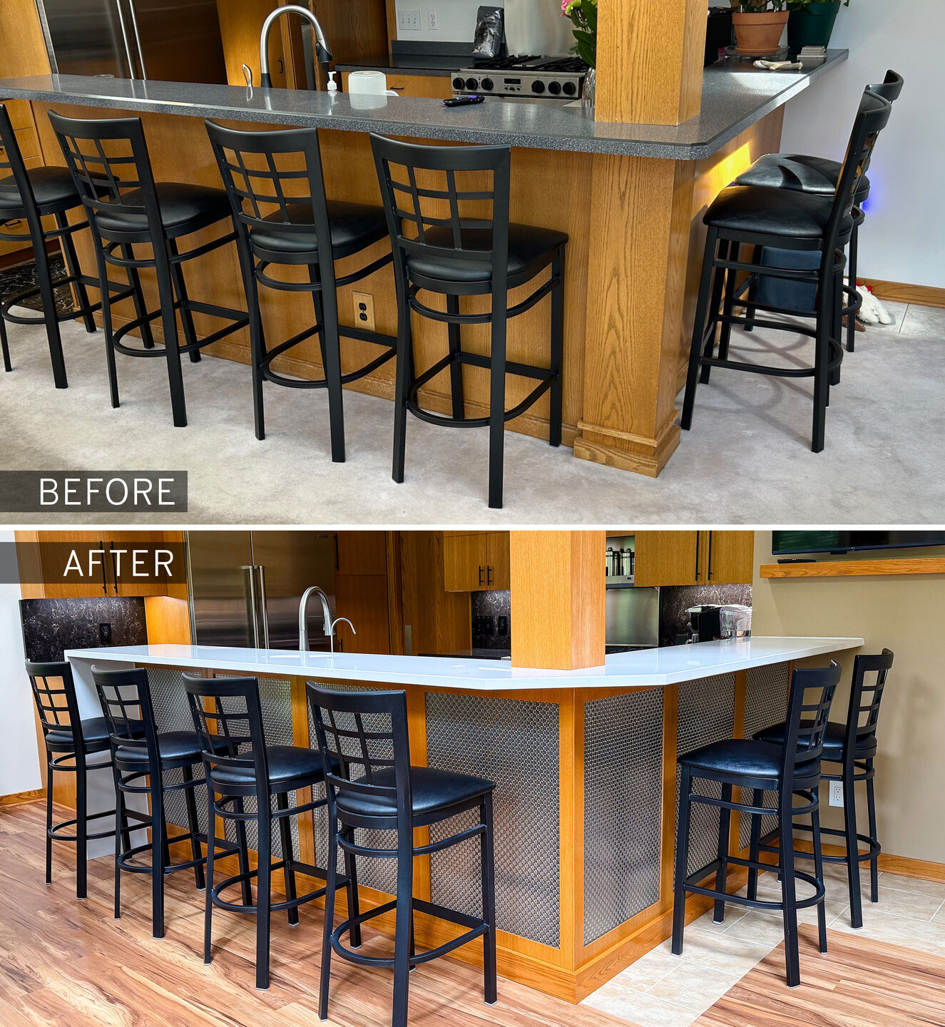 From ordinary to extraordinary, this before-and-after home bar remodel highlights how M33-2 architectural wire mesh transformed the space into a sophisticated entertainment destination.