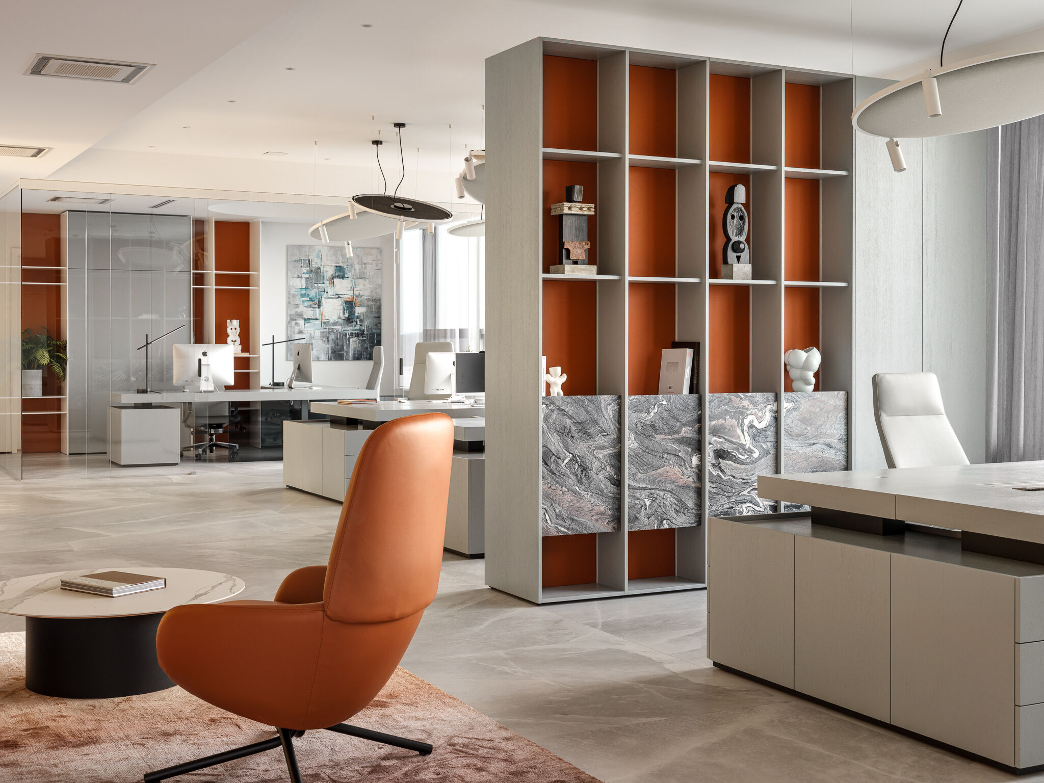 Open-space working area and custom shelving unit